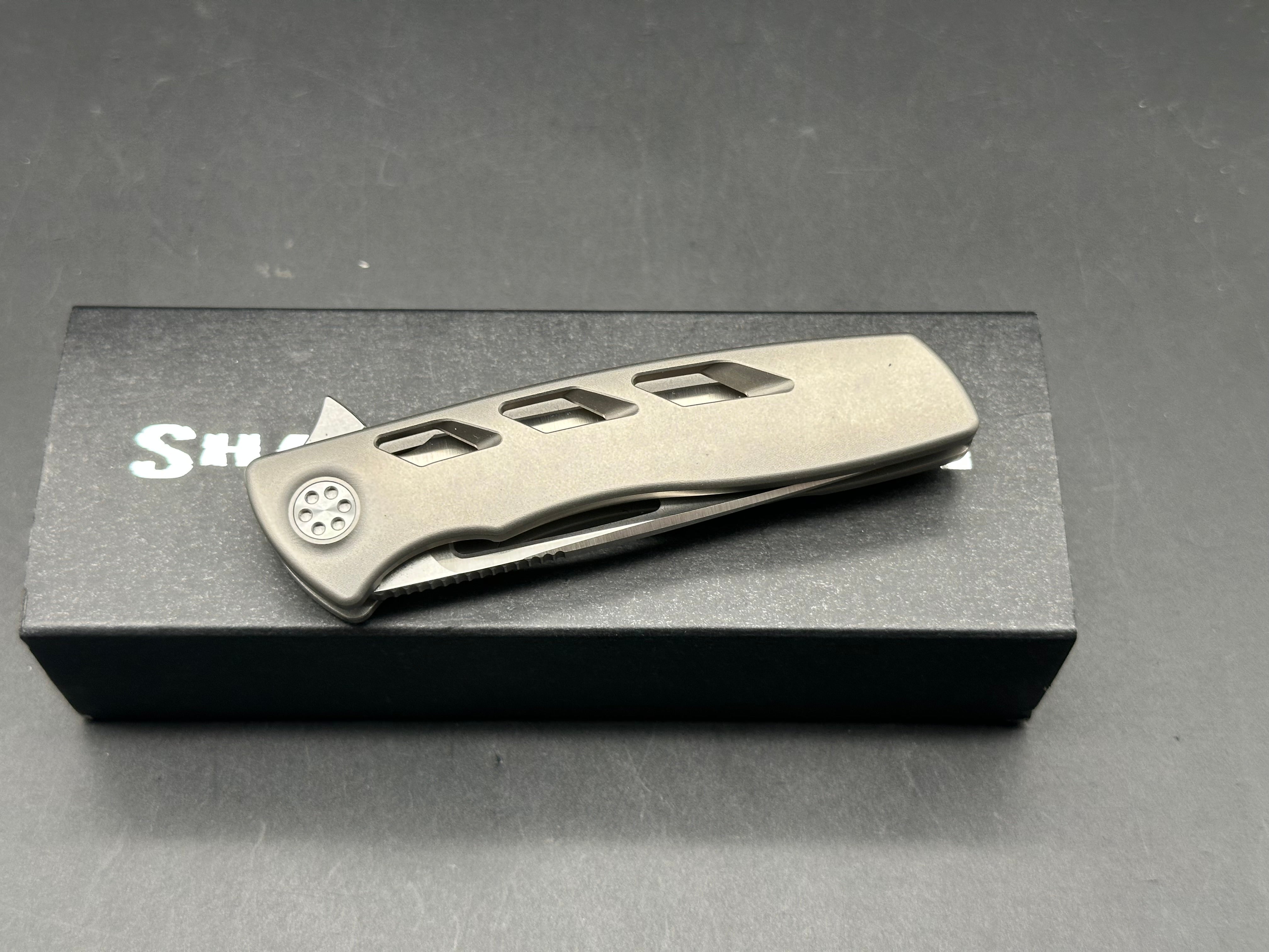 Sharp by Design Micro Evo Typhoon, Belt Satin M390 Blade, Bead Blasted Aspirated Ti Handles