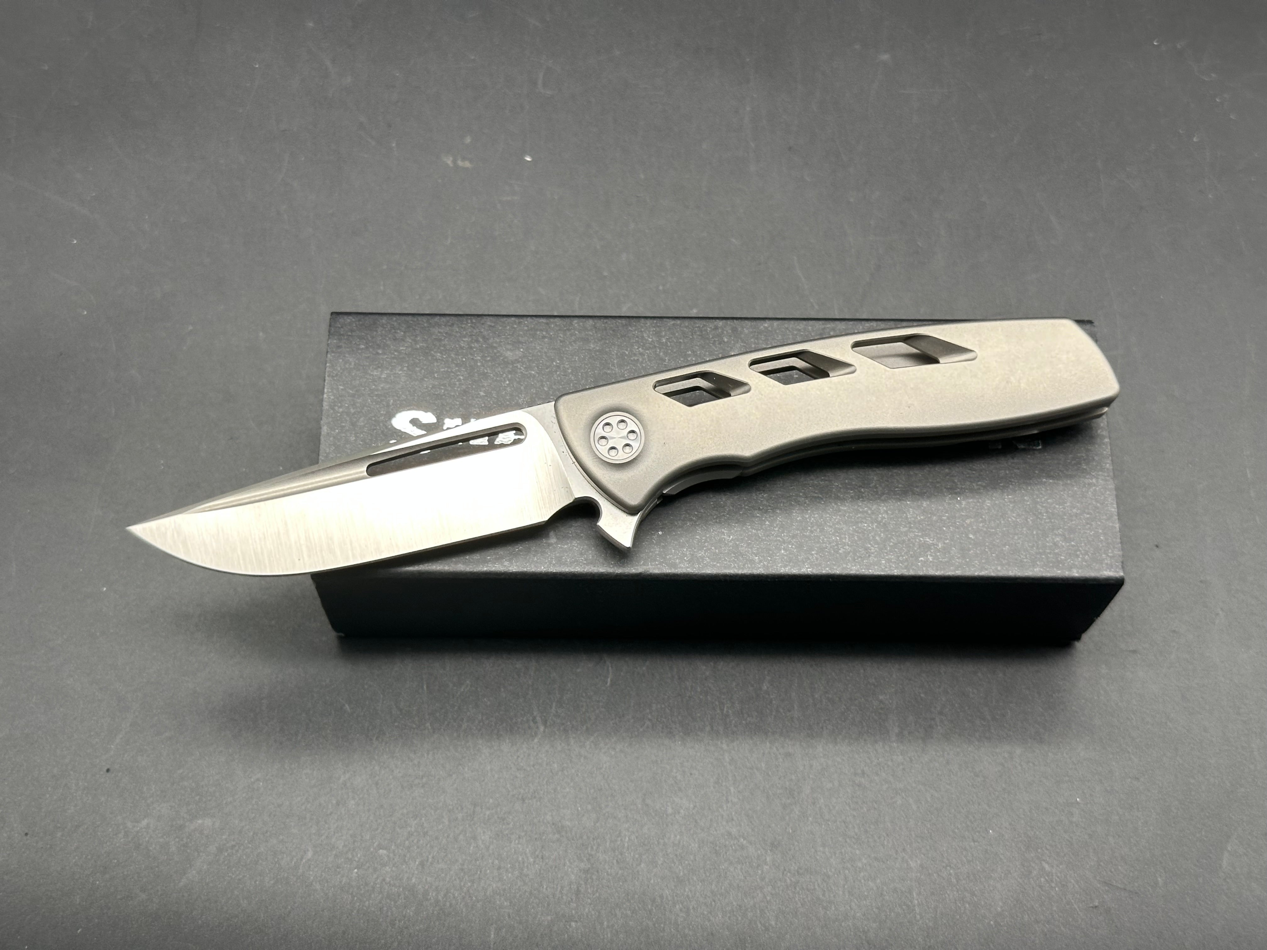 Sharp by Design Micro Evo Typhoon, Belt Satin M390 Blade, Bead Blasted Aspirated Ti Handles