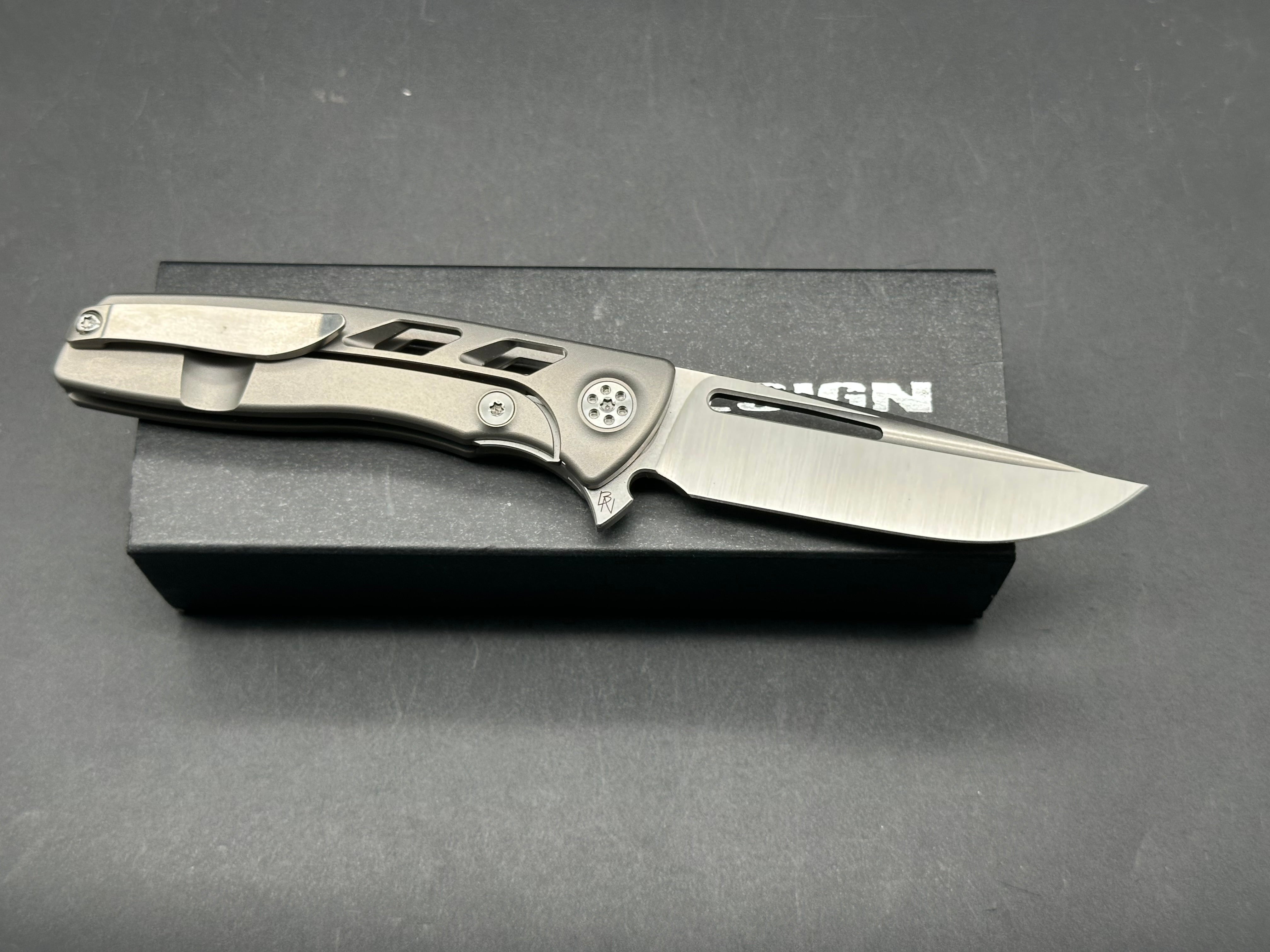Sharp by Design Micro Evo Typhoon, Belt Satin M390 Blade, Bead Blasted Aspirated Ti Handles