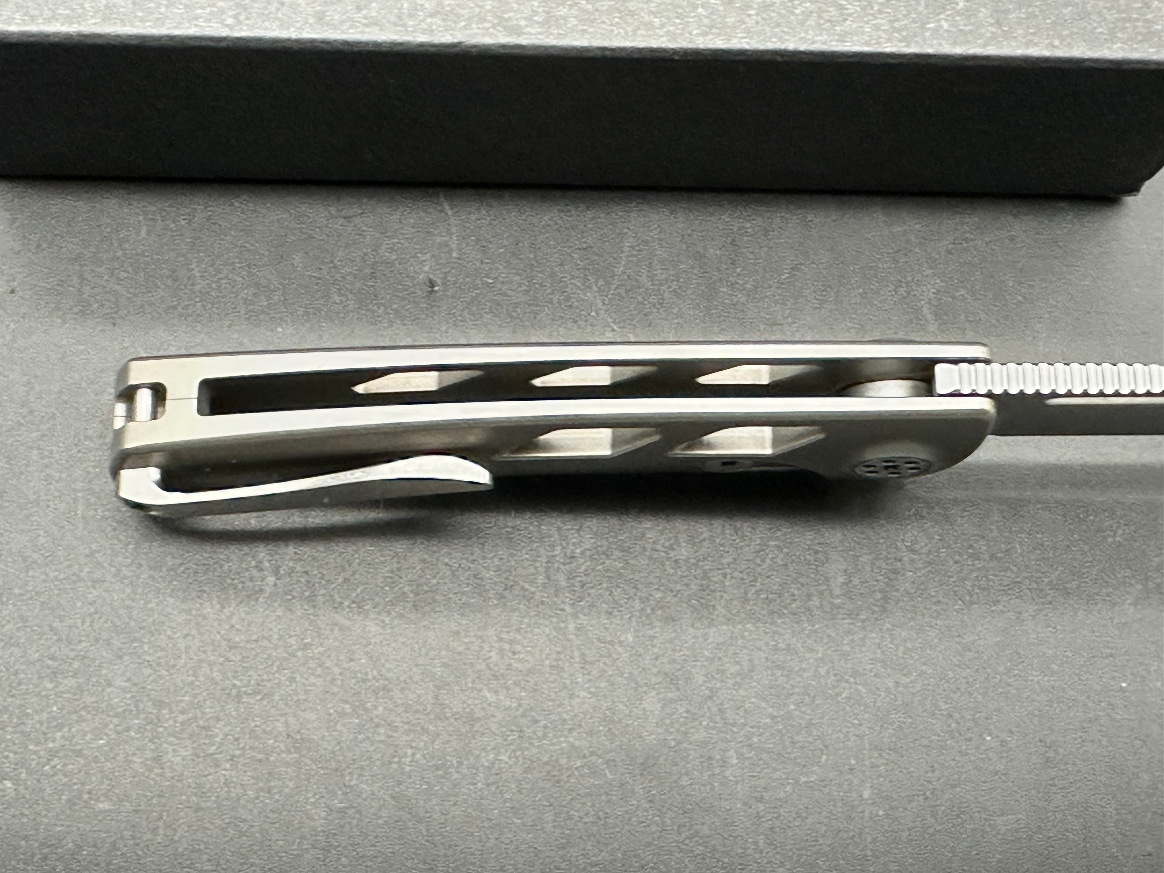 Sharp by Design Micro Evo Typhoon, Belt Satin M390 Blade, Bead Blasted Aspirated Ti Handles