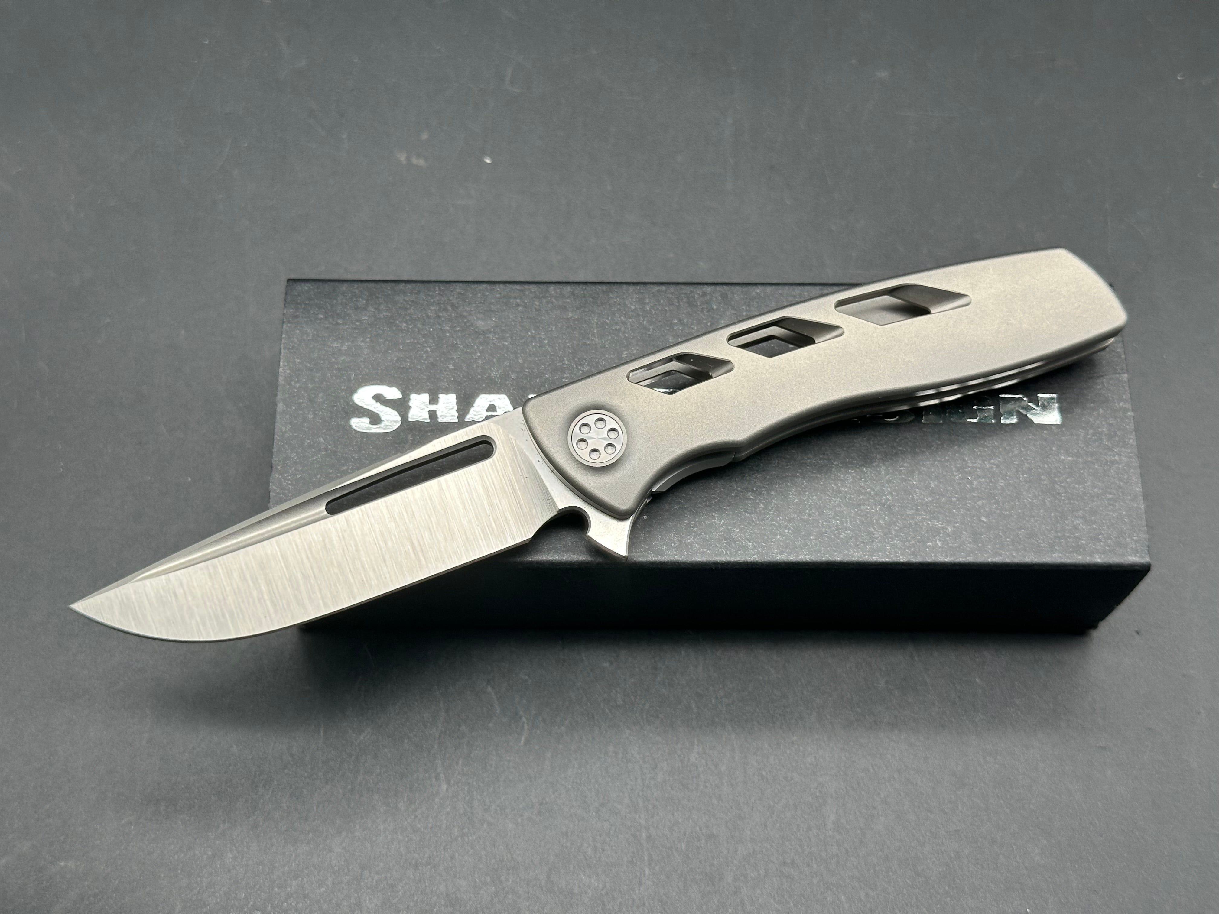 Sharp by Design Micro Evo Typhoon, Belt Satin M390 Blade, Bead Blasted Aspirated Ti Handles