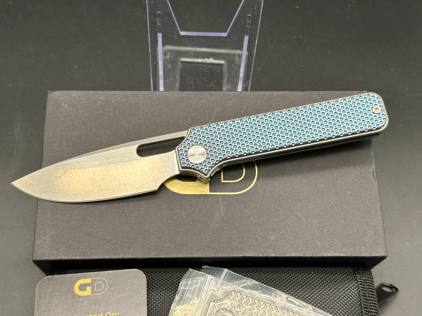 Golden Designworks Standard, 3.25" M390 Blade with Blue Dimple Titanium Handle