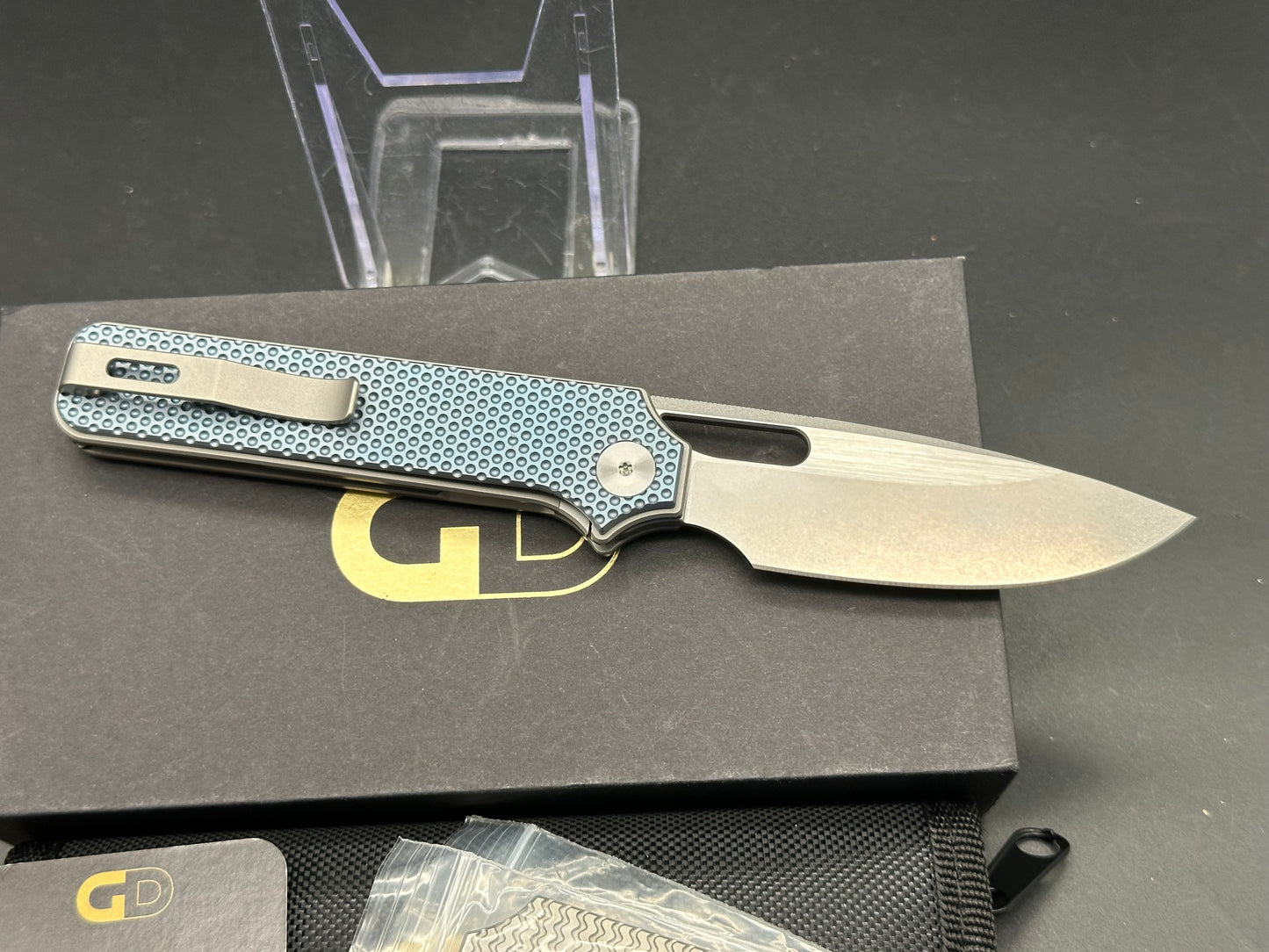 Golden Designworks Standard, 3.25" M390 Blade with Blue Dimple Titanium Handle