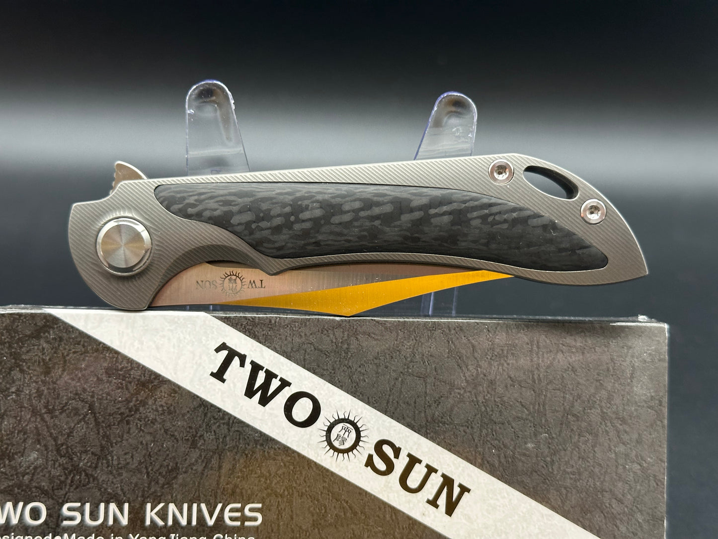 TWOSUN BLACK TITANIUM CARBON FIBER HANDLE M390 PLAIN EDGE TS224-M390