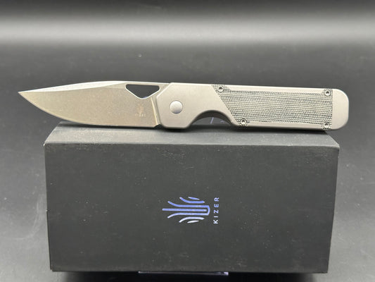 Kizer Militaw, 3.375" S35VN Stonewash Blade with Titanium and Black Micarta Inlay Handle