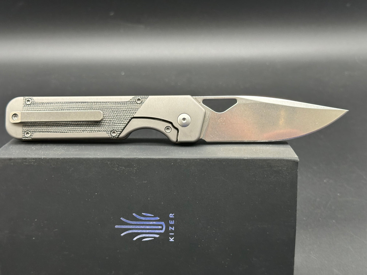 Kizer Militaw, 3.375" S35VN Stonewash Blade with Titanium and Black Micarta Inlay Handle