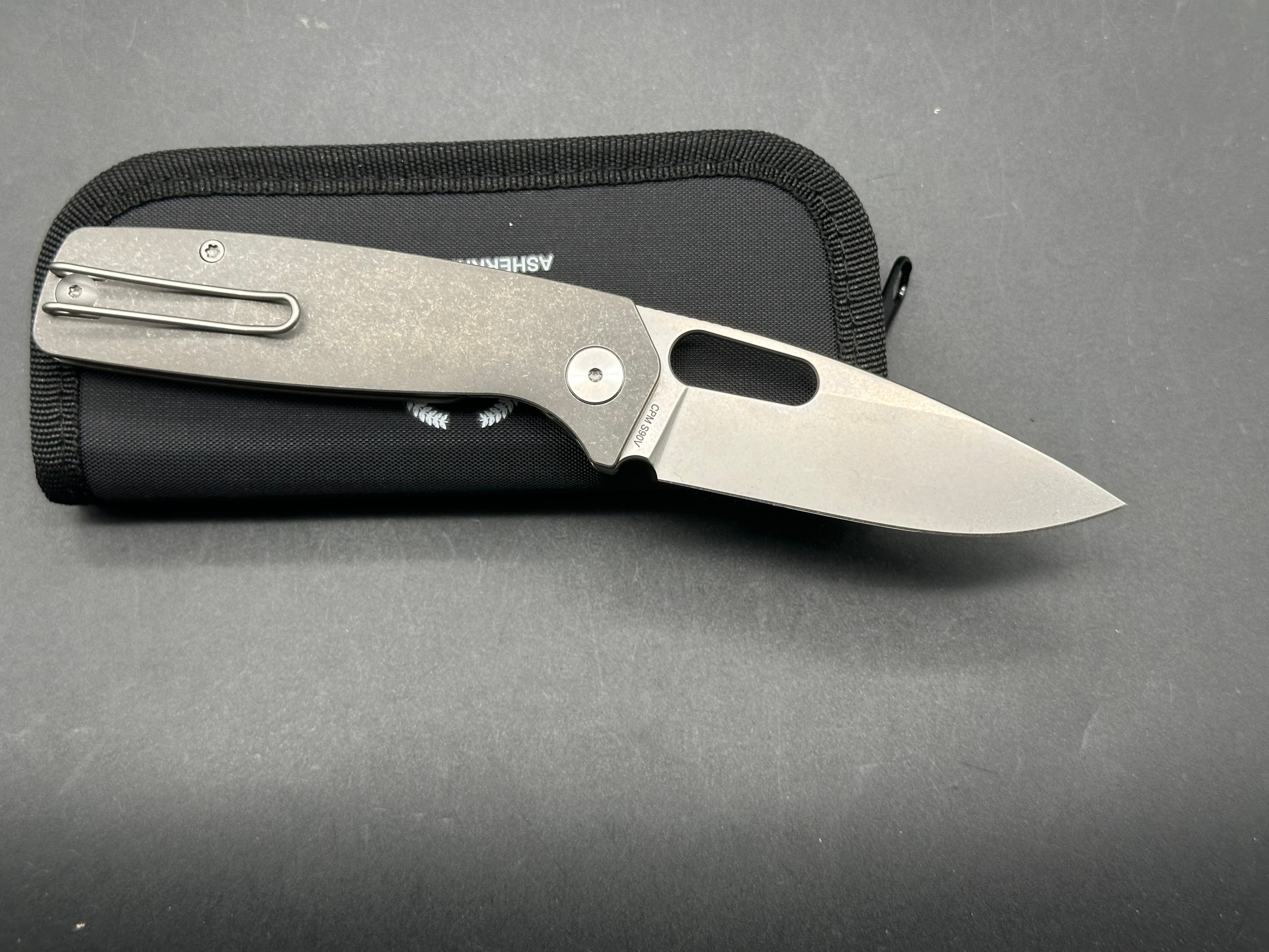 Asher Spiro Ti 3.2" CPM S90V Stonewash Blade with Darkwash Titanium Handle