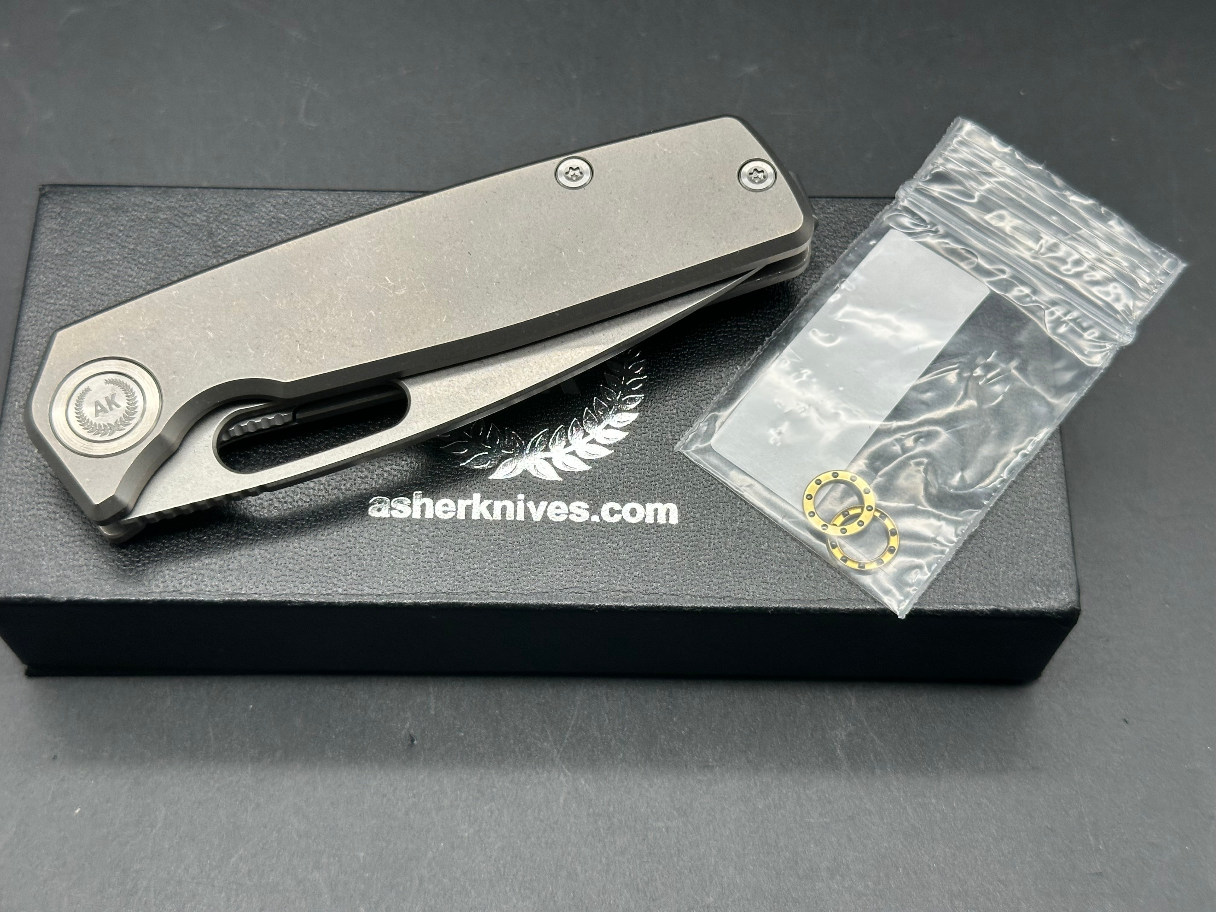 Asher Spiro Ti (NEW), 3.2" CPM 20CV Stonewash Blade with Gray Titanium Handle with Skiff Bearings