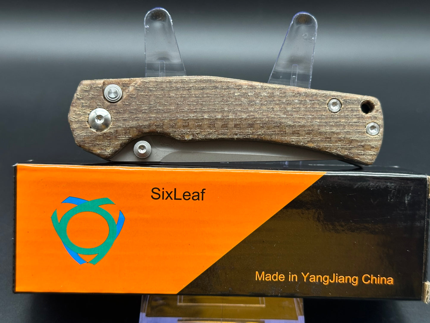 SIXLEAF SL-18 BUTTON LOCK FOLDING KNIFE BROWN MICARTA HANDLE D2 PLAIN EDGE