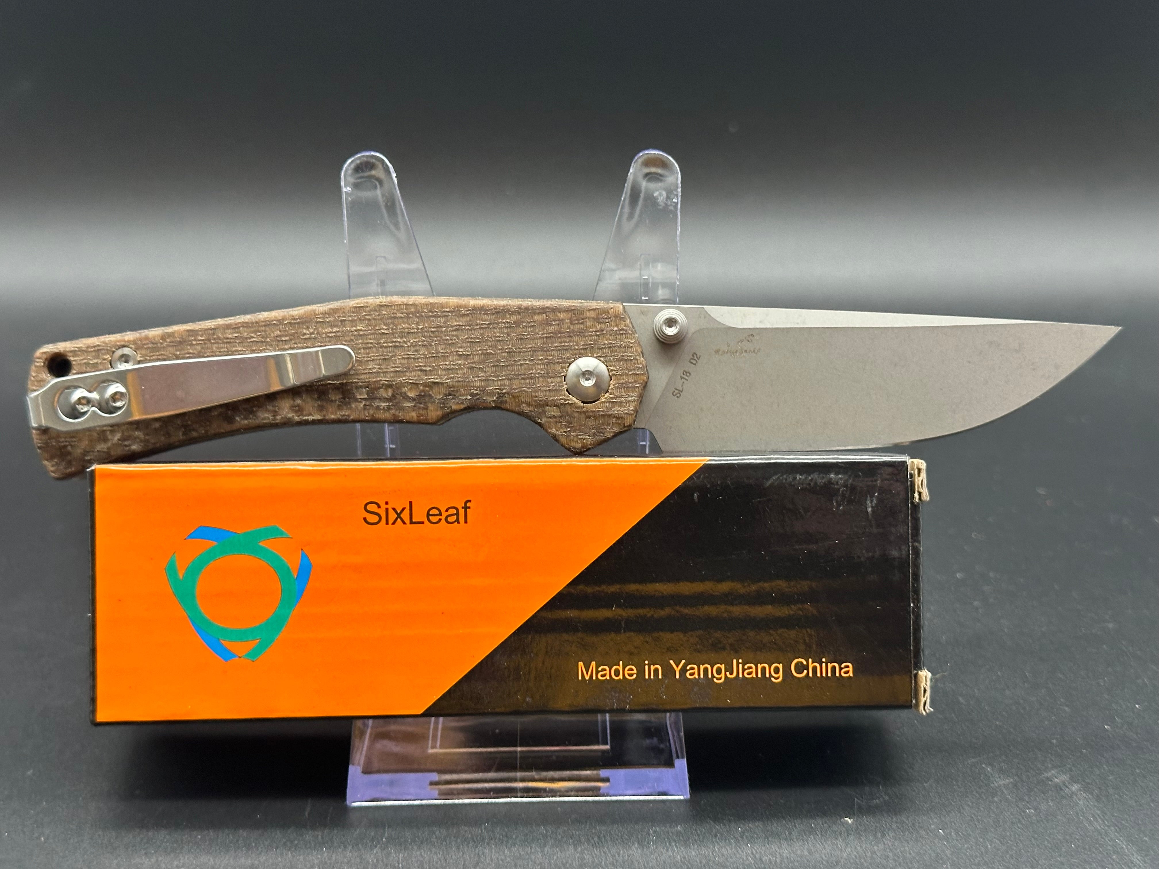 SIXLEAF SL-18 BUTTON LOCK FOLDING KNIFE BROWN MICARTA HANDLE D2 PLAIN EDGE