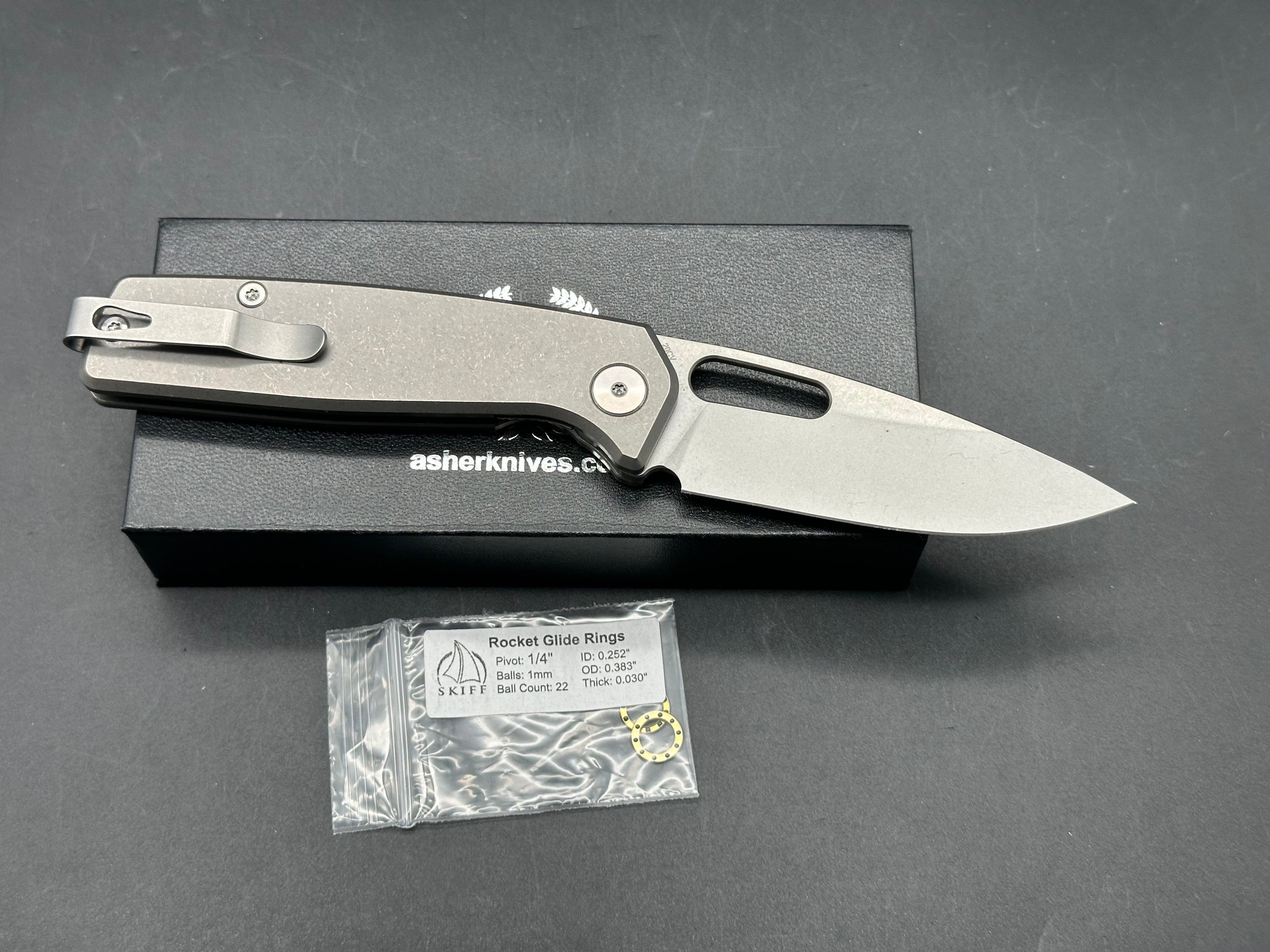 Asher Spiro Ti (NEW), 3.2" CPM 20CV Stonewash Blade with Gray Titanium Handle with Skiff Bearings