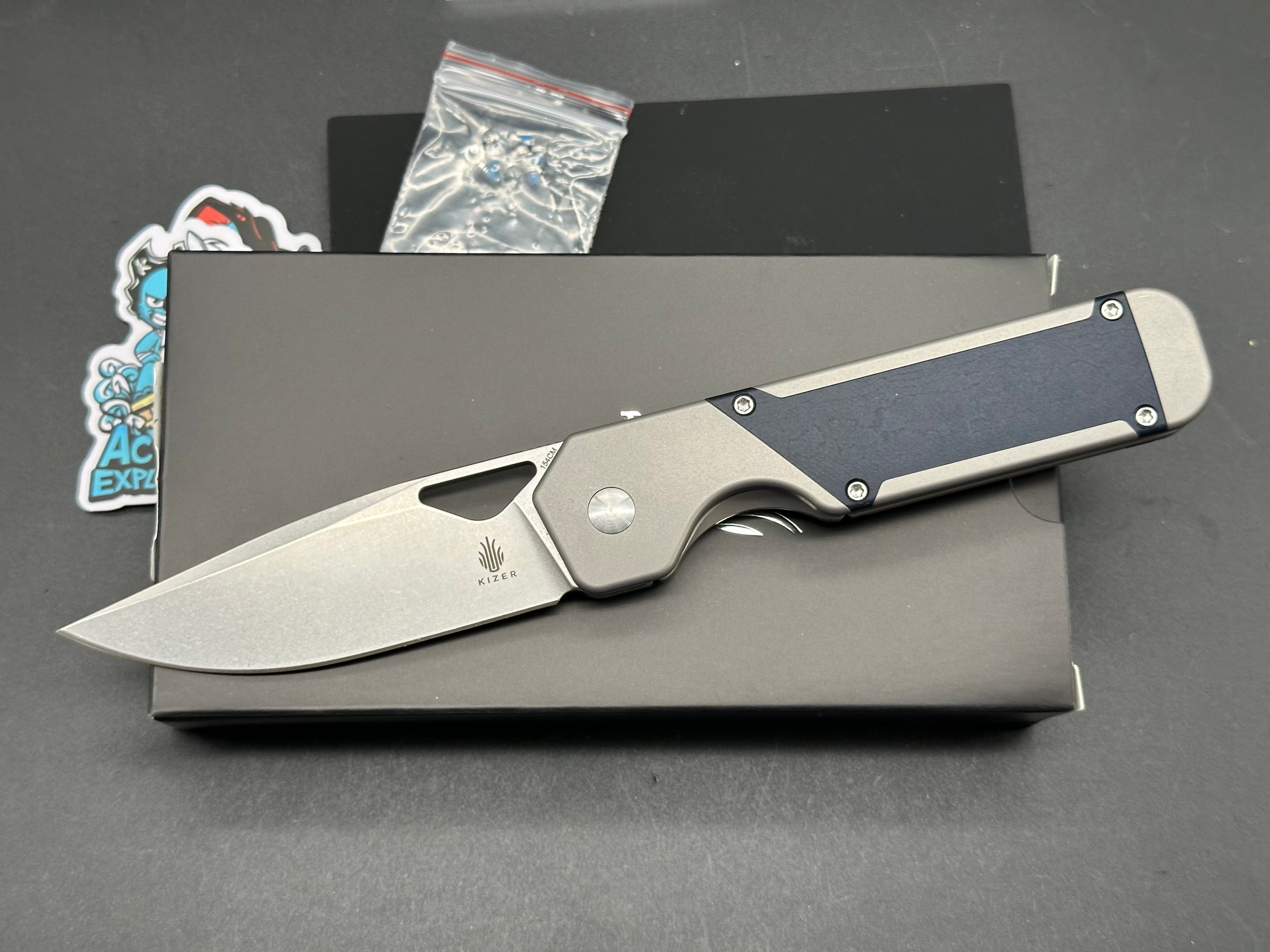 Kizer Militaw, 3.375" 154CM Stonewash Blade with Titanium and Blue Richlite Inlay Handle