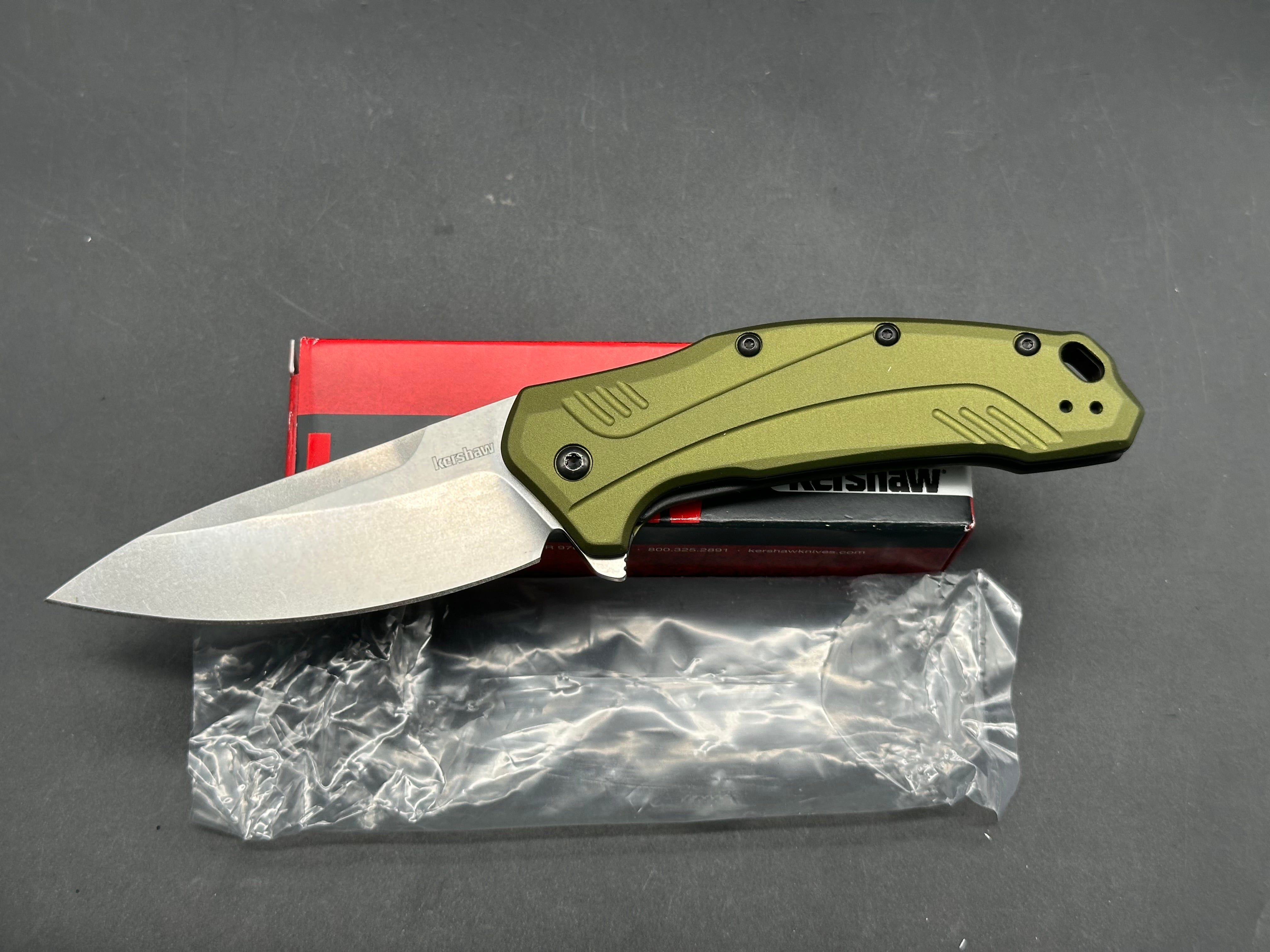Kershaw Link Drop Point Knife Olive Al (3.25" Stonewash) Magnacut