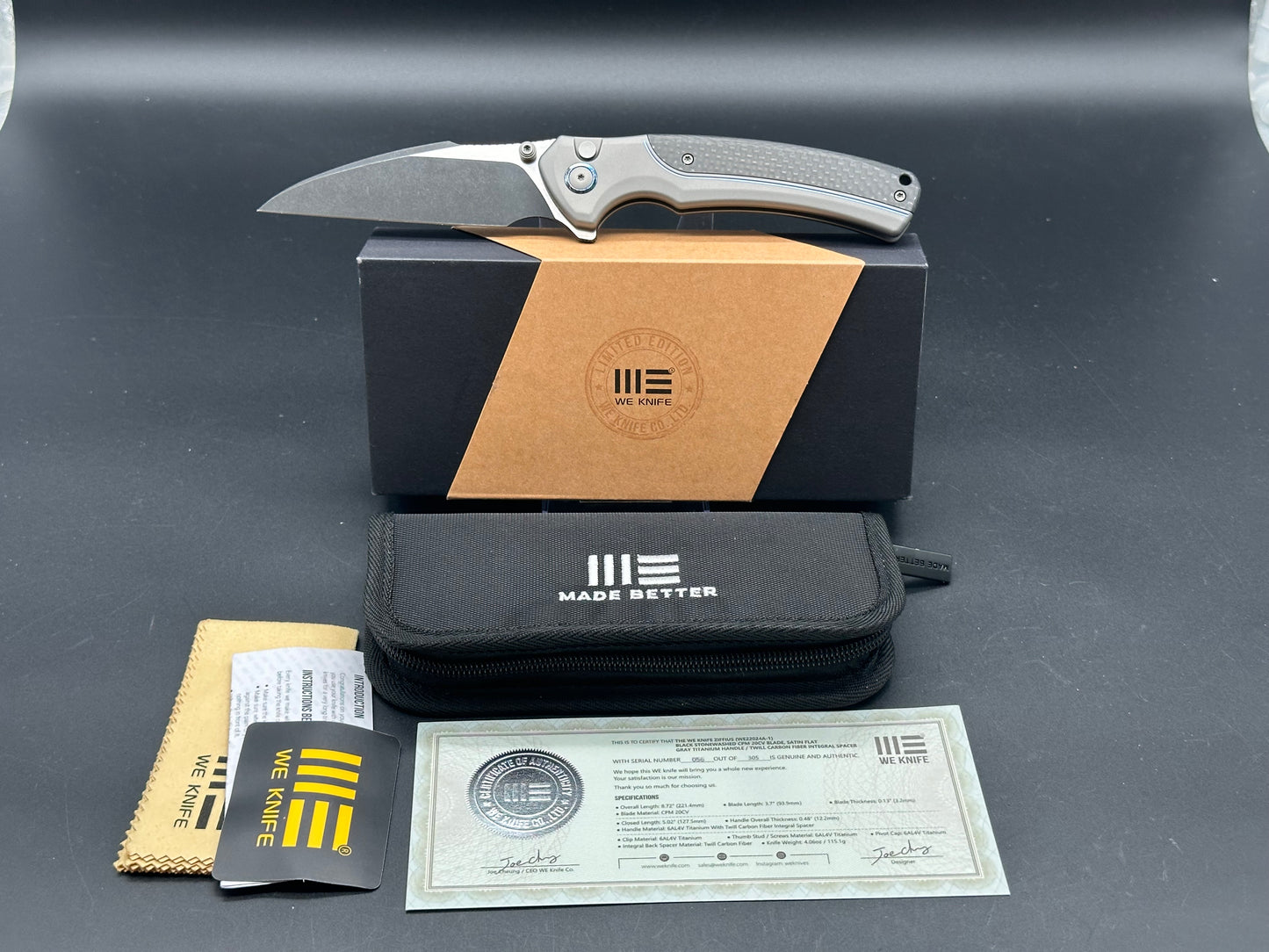 WE Knife Co. Ziffius Limited Edition Button Lock Knife Gray Ti + CF (3.7" Black)