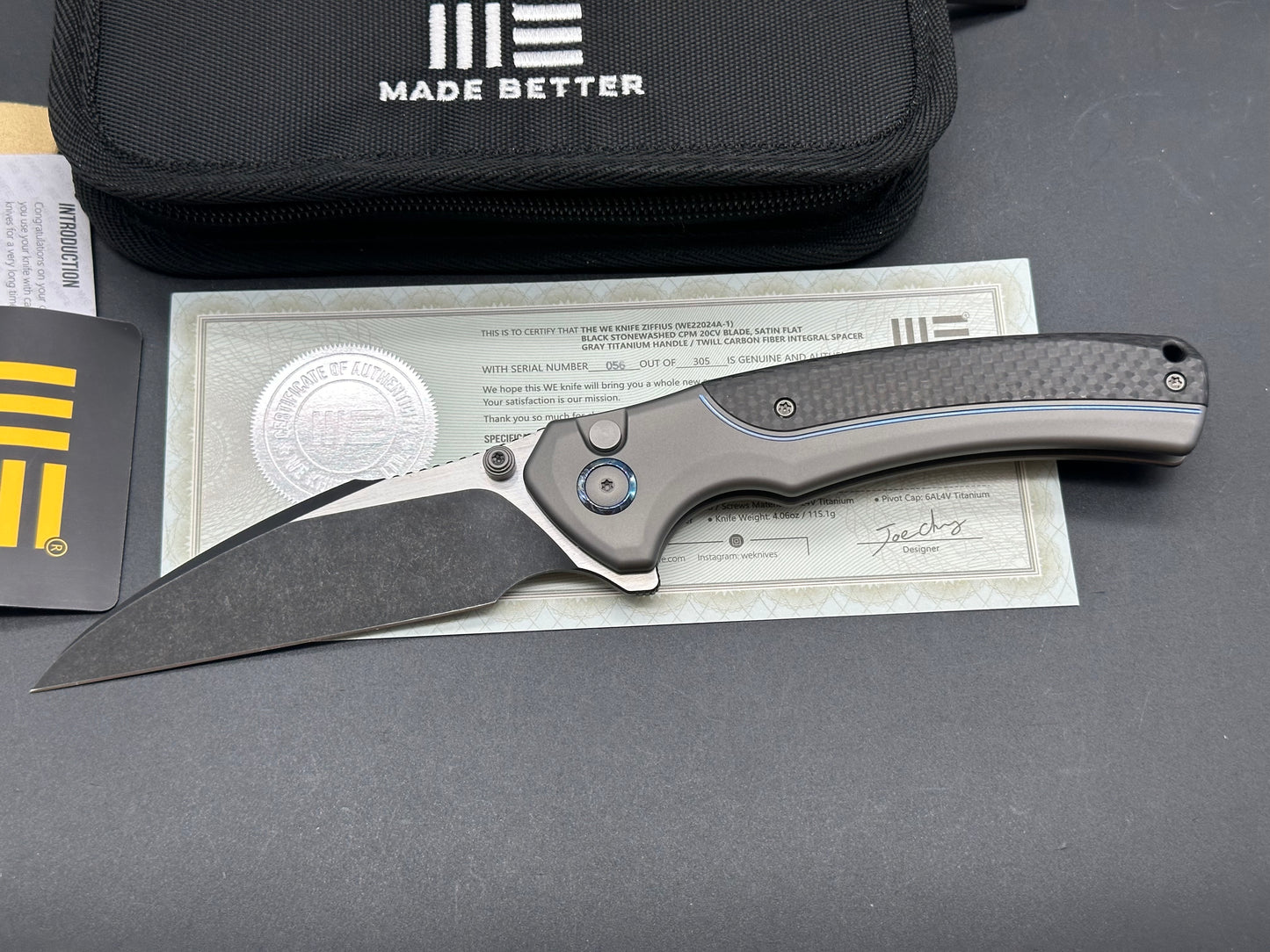 WE Knife Co. Ziffius Limited Edition Button Lock Knife Gray Ti + CF (3.7" Black)