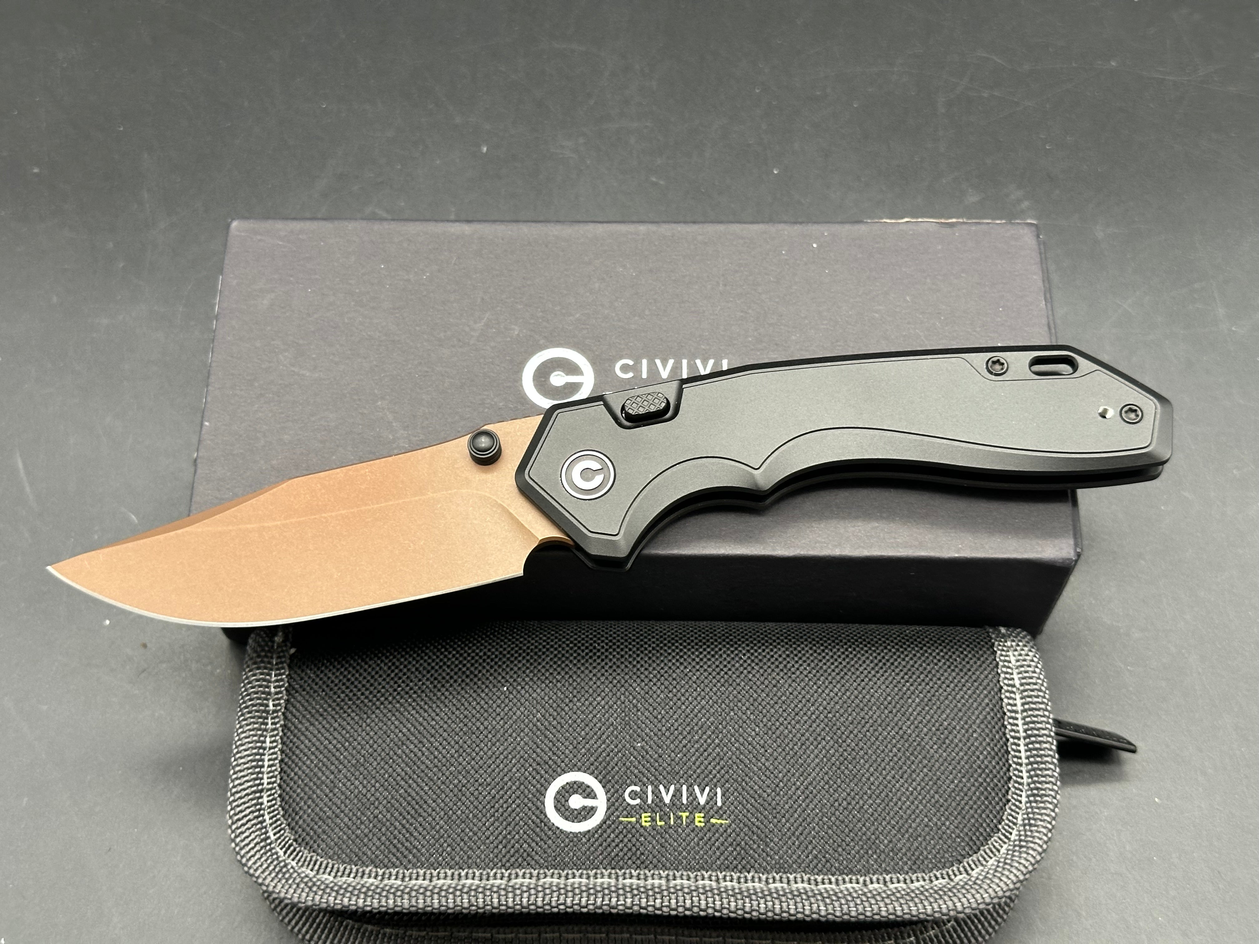 CIVIVI ELITE BROVA BLACK ALUMINUM HANDLE S35VN CLIP POINT PLAIN EDGE DARK BROWN