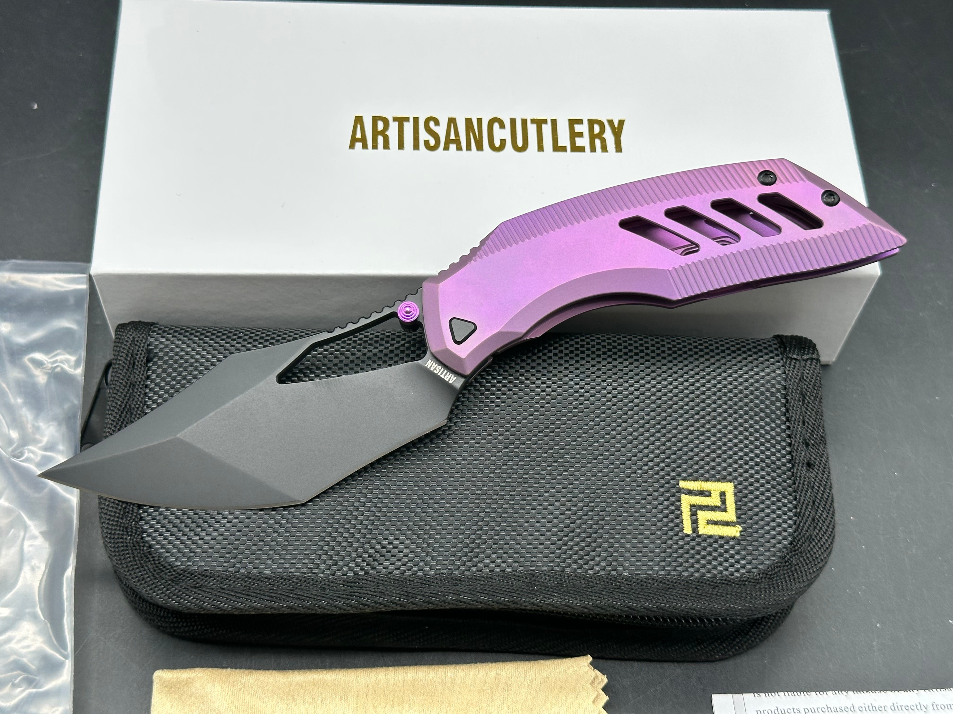 ARTISAN CUTLERY DARK WING PURPLE TITANIUM HANDLE S35VN PLAIN EDGE BLACK PVD FINISH