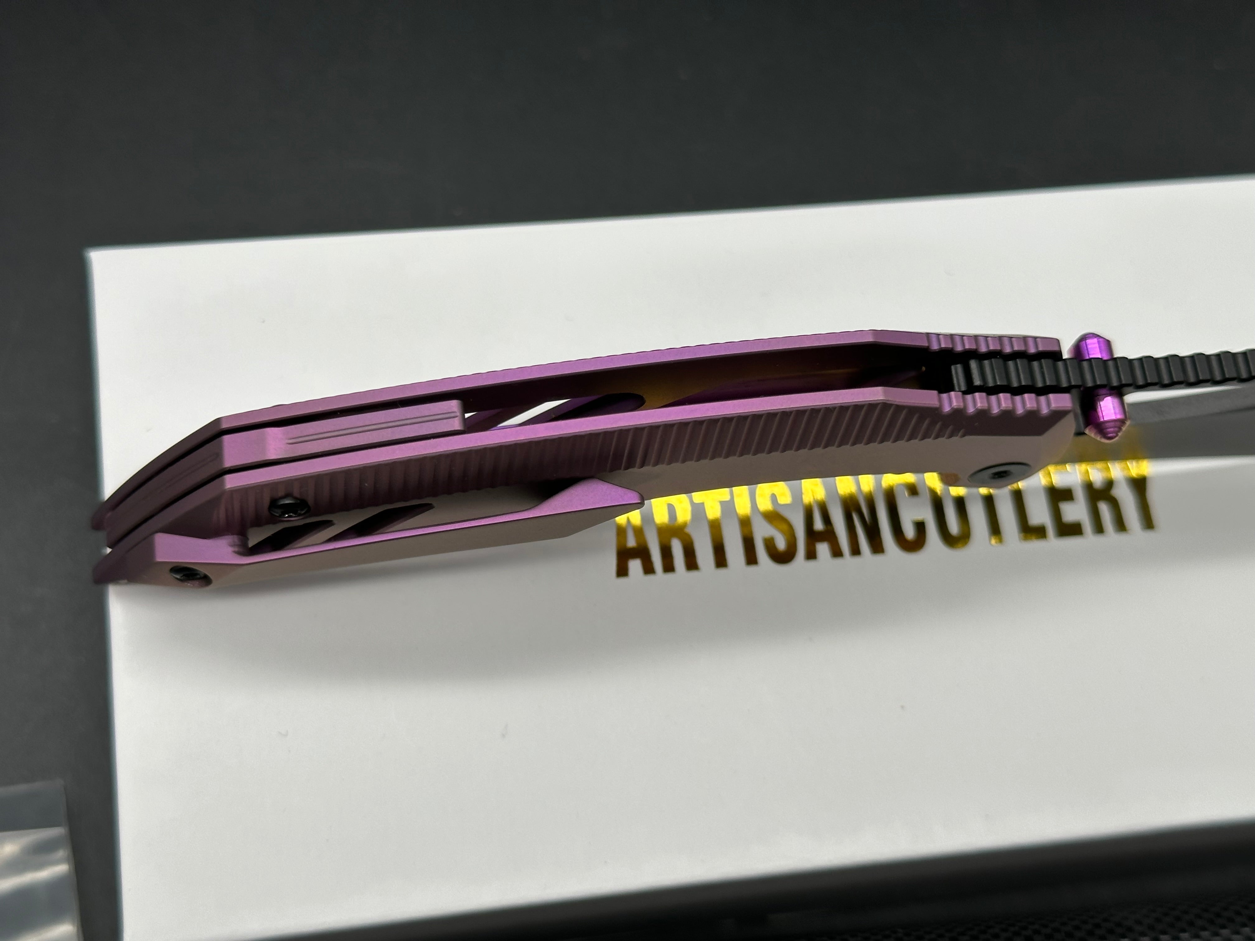 ARTISAN CUTLERY DARK WING PURPLE TITANIUM HANDLE S35VN PLAIN EDGE BLACK PVD FINISH
