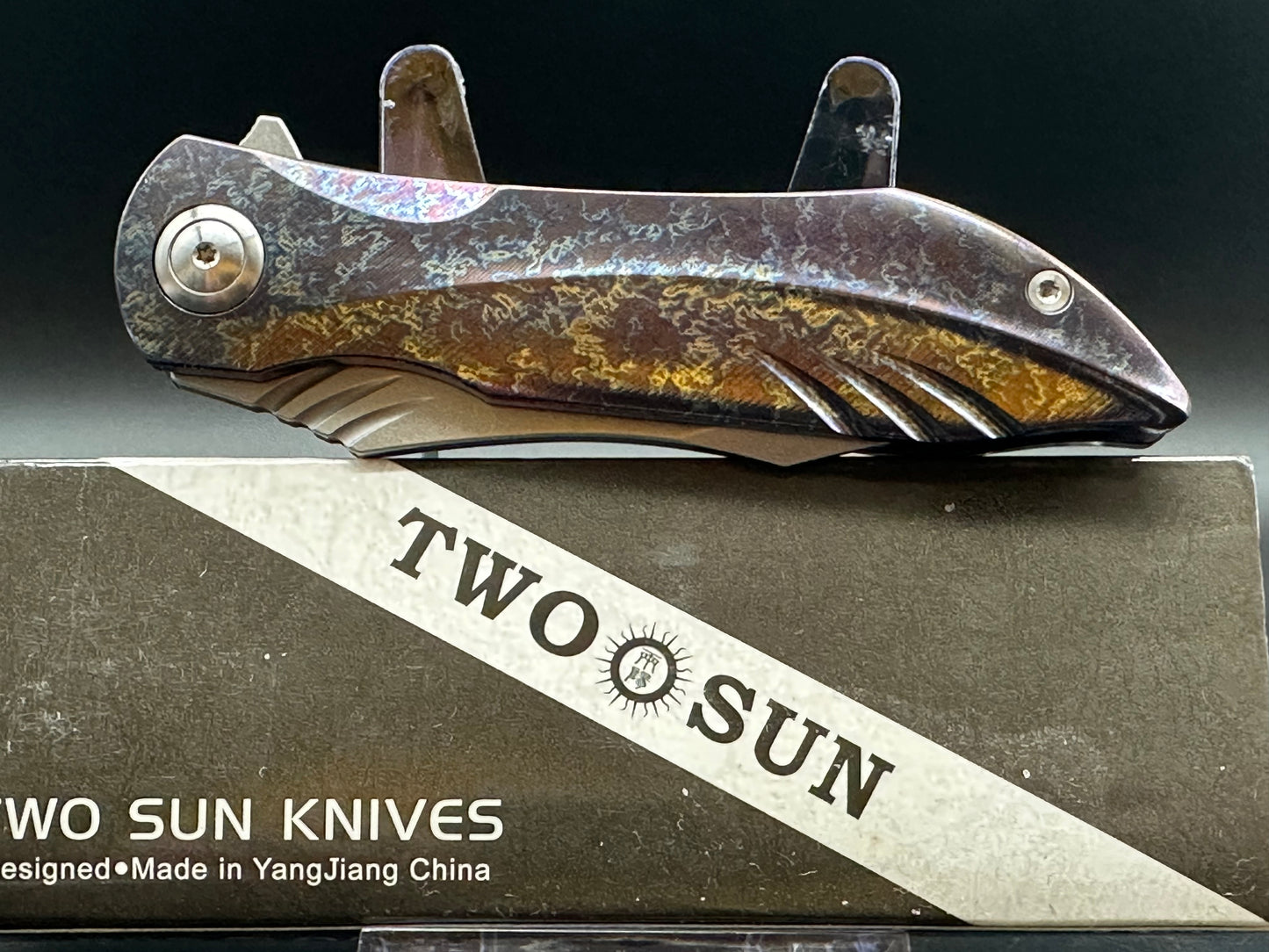 TWOSUN FOLDING KNIFE MULTI COLOR TITANIUM HANDLE D2 PLAIN EDGE STONEWASH FINISH TS363-COLOR