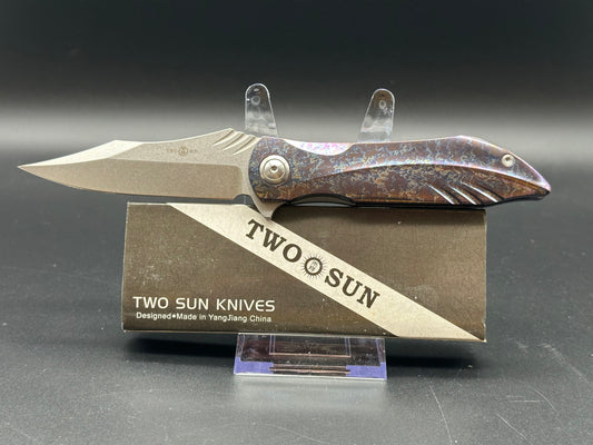 TWOSUN FOLDING KNIFE MULTI COLOR TITANIUM HANDLE D2 PLAIN EDGE STONEWASH FINISH TS363-COLOR