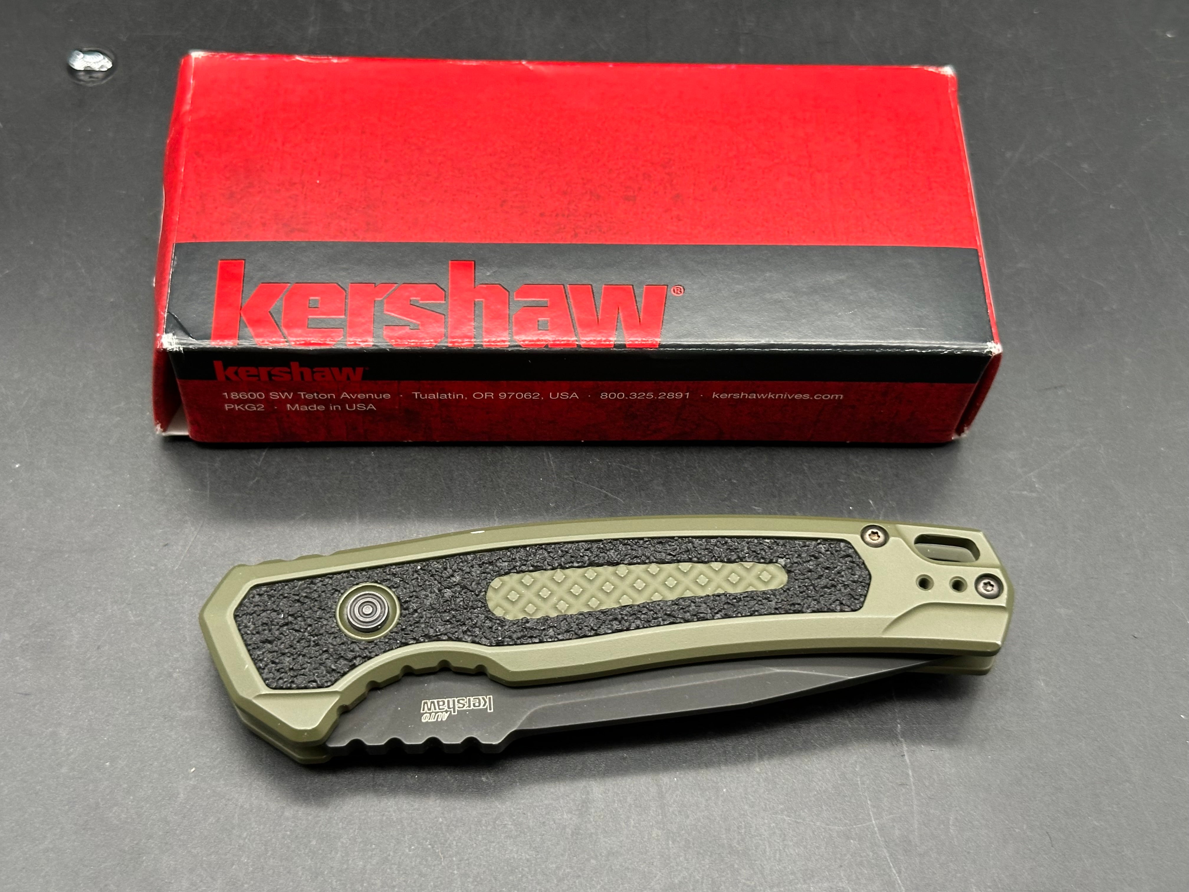KERSHAW LAUNCH 16 SIDE OPENING AUTO KNIFE OLIVE/BLACK ALUMINUM HANDLE TANTO M4