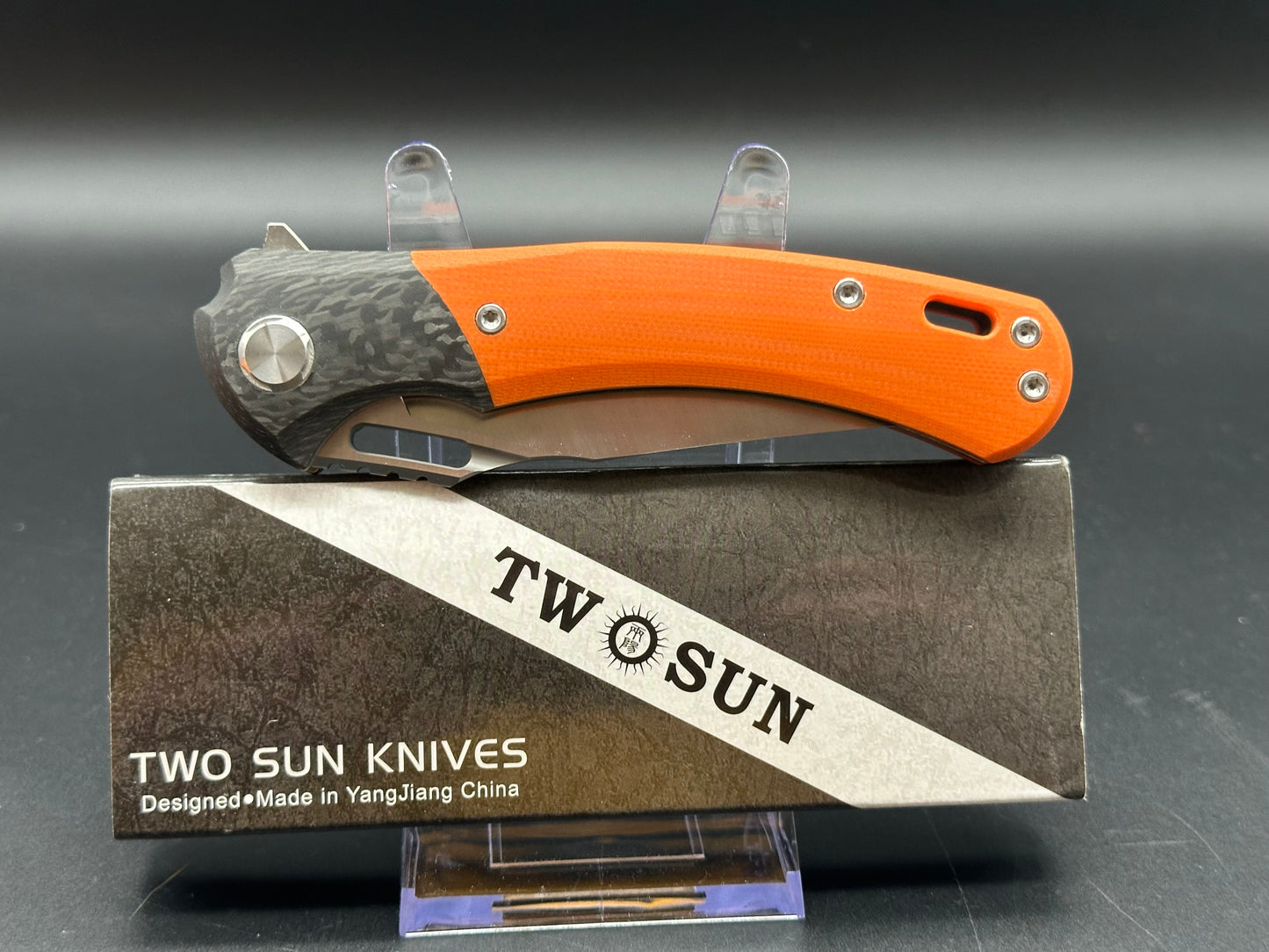 TWOSUN FLIPPER FOLDING KNIFE ORANGE TITANIUM/CARBON FIBER/G10 HANDLE M390 PLAIN EDGE TS127