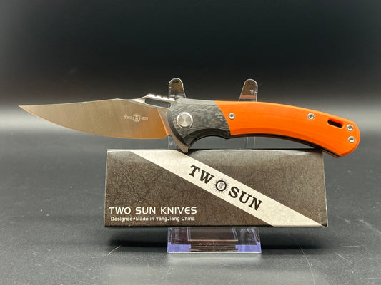 TWOSUN FLIPPER FOLDING KNIFE ORANGE TITANIUM/CARBON FIBER/G10 HANDLE M390 PLAIN EDGE TS127