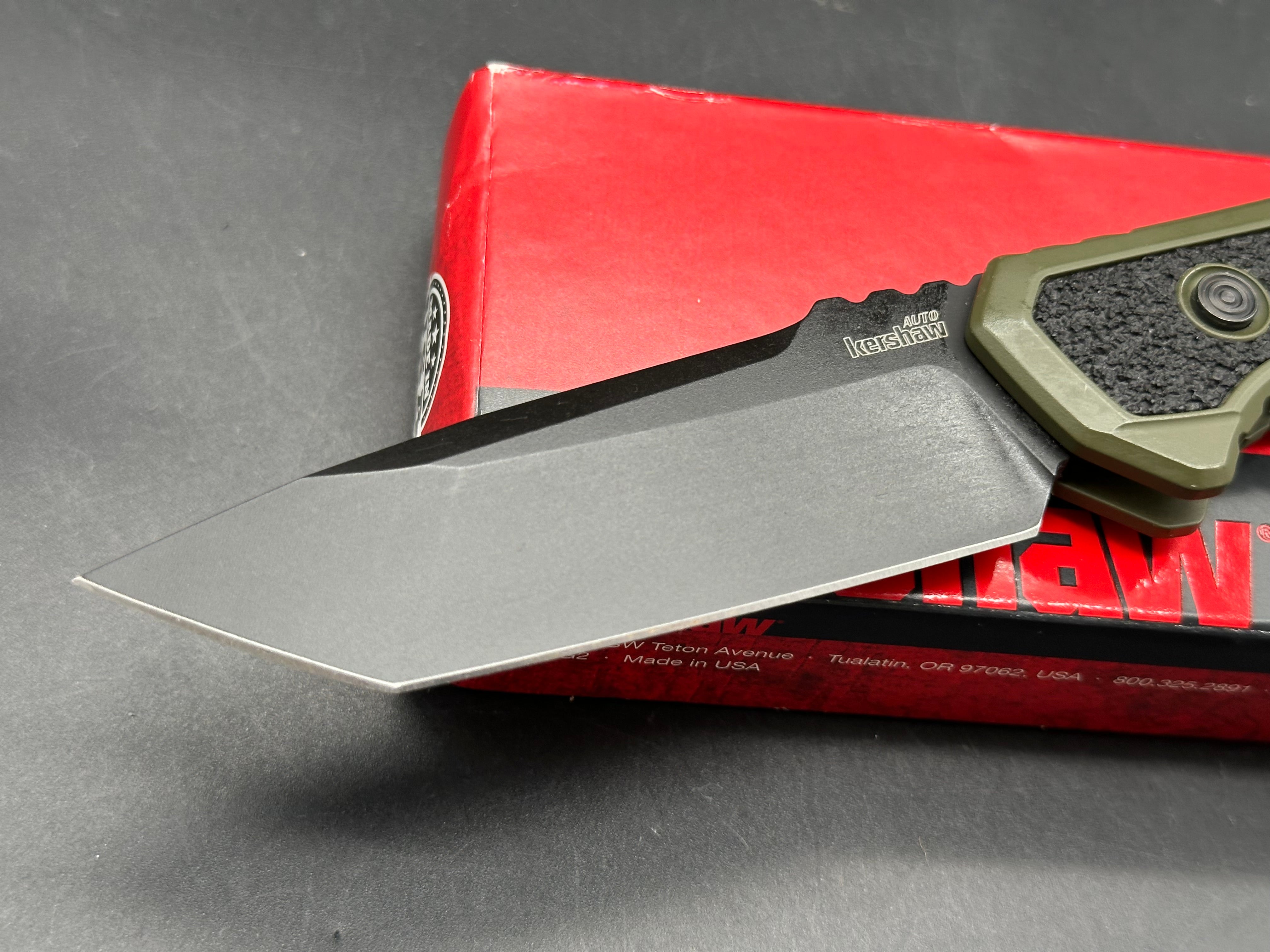 KERSHAW LAUNCH 16 SIDE OPENING AUTO KNIFE OLIVE/BLACK ALUMINUM HANDLE TANTO M4