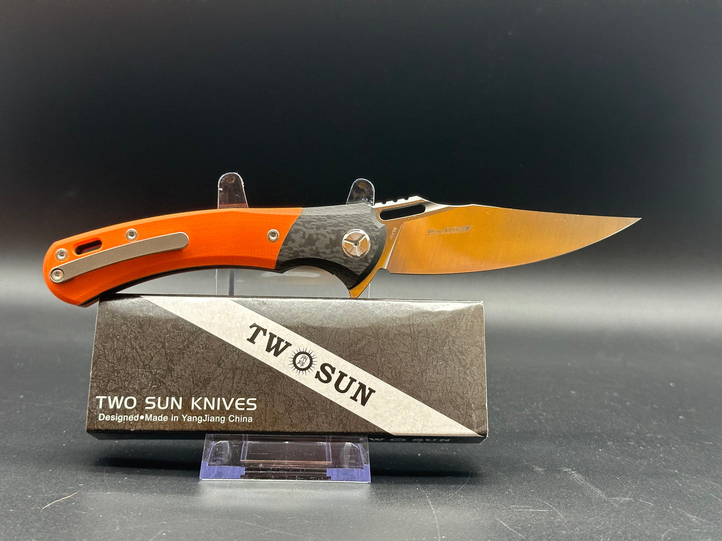 TWOSUN FLIPPER FOLDING KNIFE ORANGE TITANIUM/CARBON FIBER/G10 HANDLE M390 PLAIN EDGE TS127