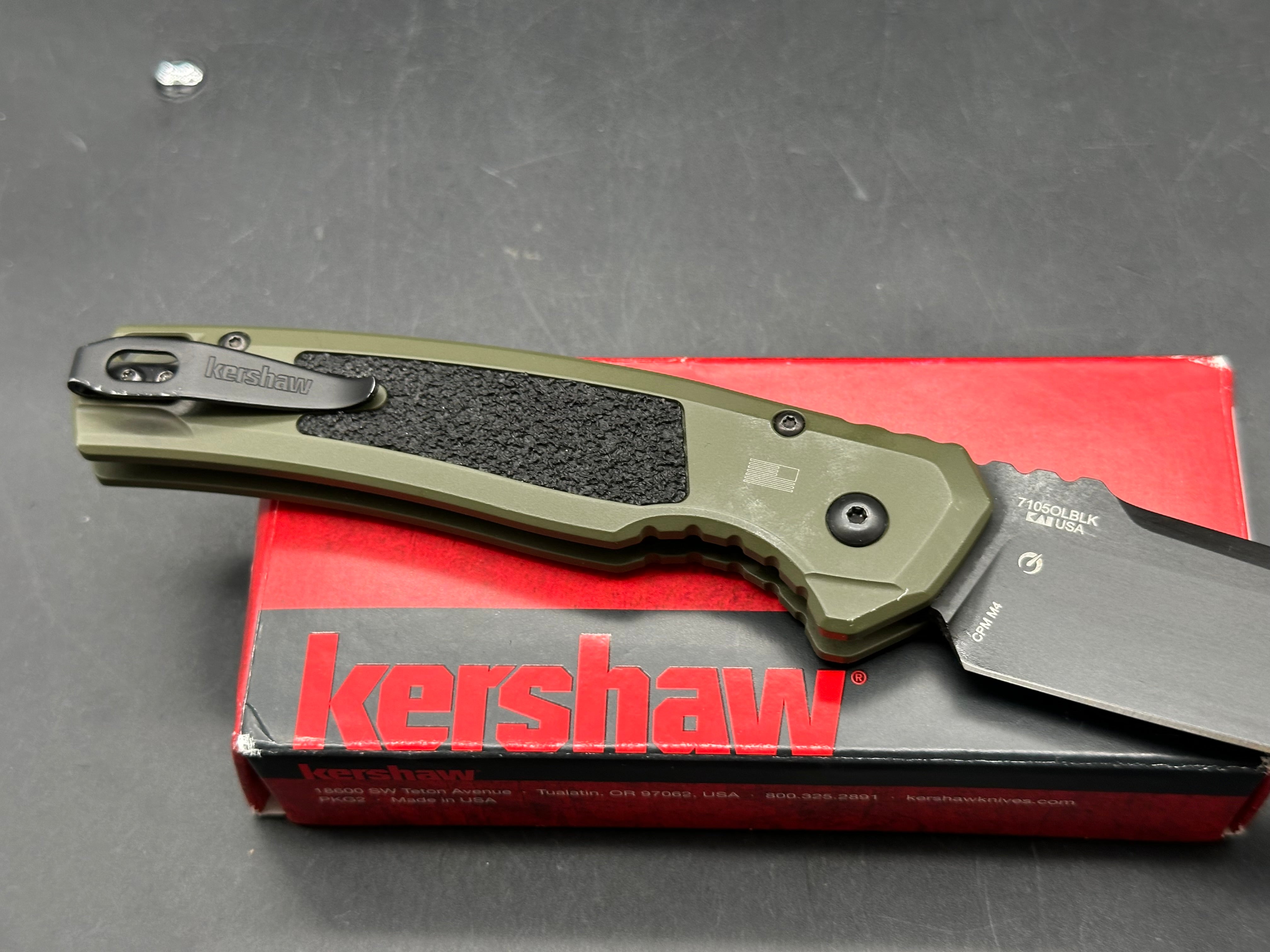 KERSHAW LAUNCH 16 SIDE OPENING AUTO KNIFE OLIVE/BLACK ALUMINUM HANDLE TANTO M4