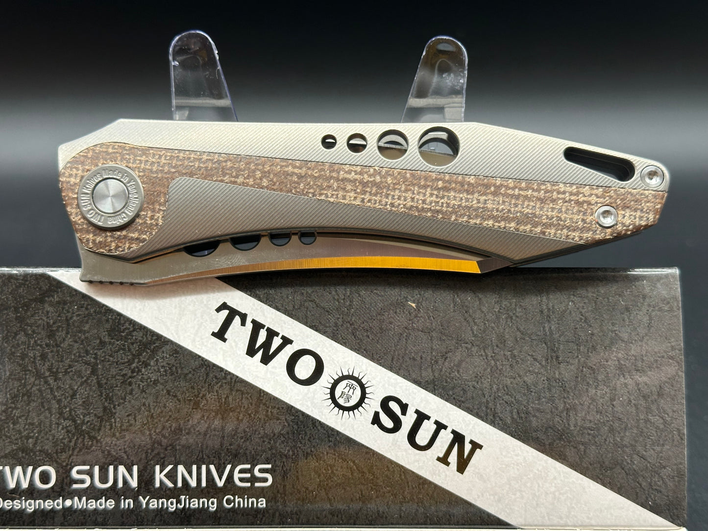 TWOSUN FOLDING KNIFE LINEN MICARTA TI HANDLE DROP POINT PLAIN EDGE SATIN TS263