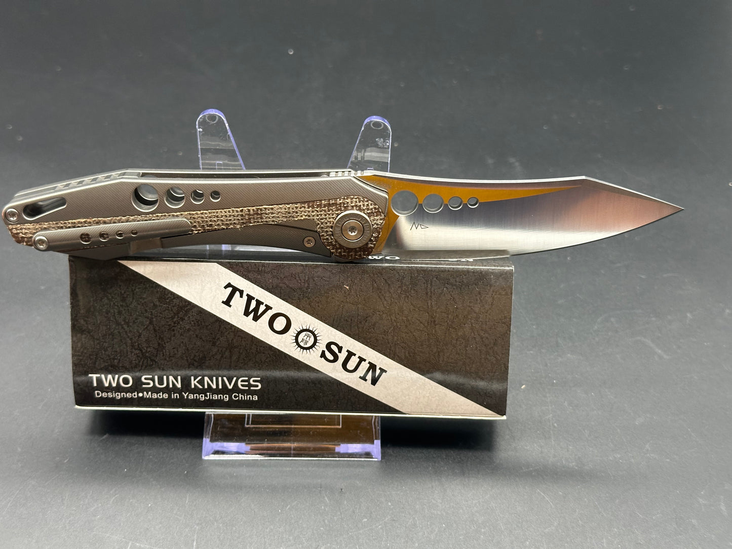 TWOSUN FOLDING KNIFE LINEN MICARTA TI HANDLE DROP POINT PLAIN EDGE SATIN TS263