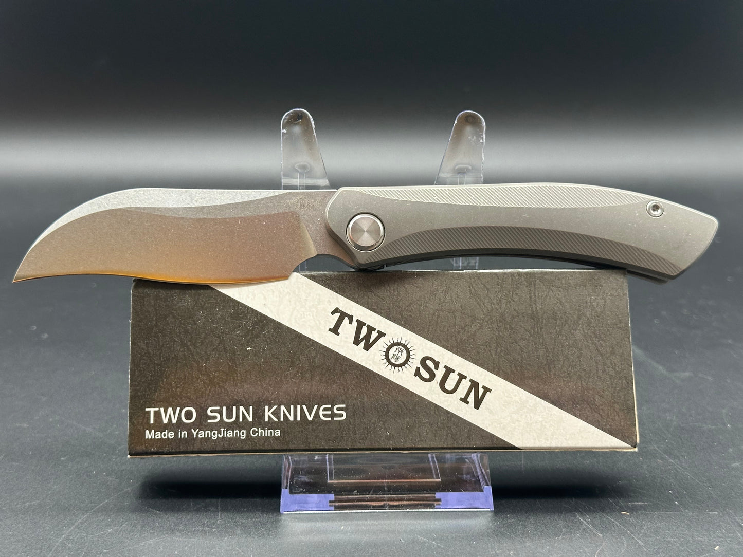 TWOSUN FOLDING KNIFE GRAY TITANIUM HANDLE 14C28N PLAIN EDGE STONEWASH FINISH TS323