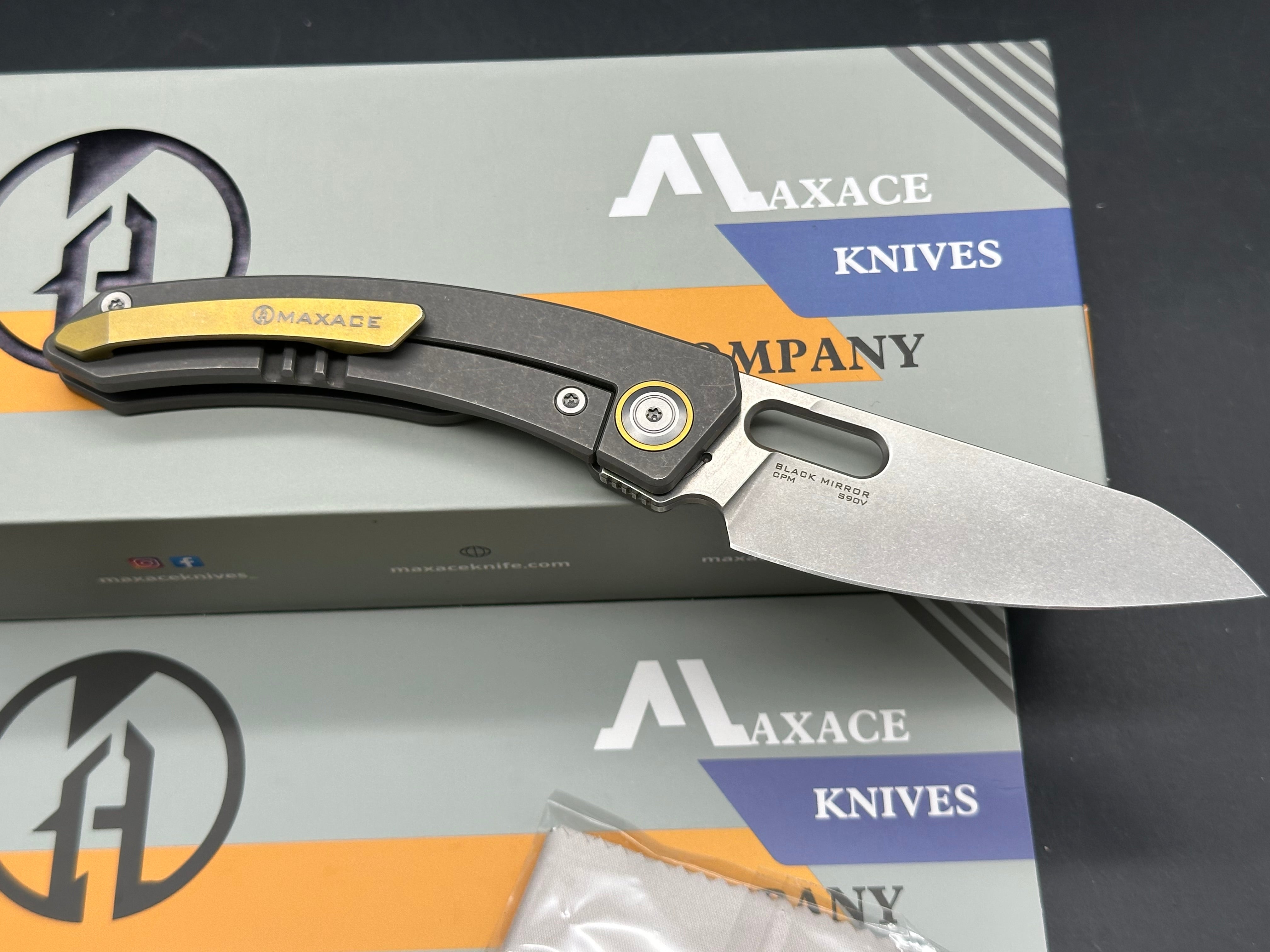 Maxace Black Mirror Solid Titanium Handle, 3.28" CPM-S90v Blade