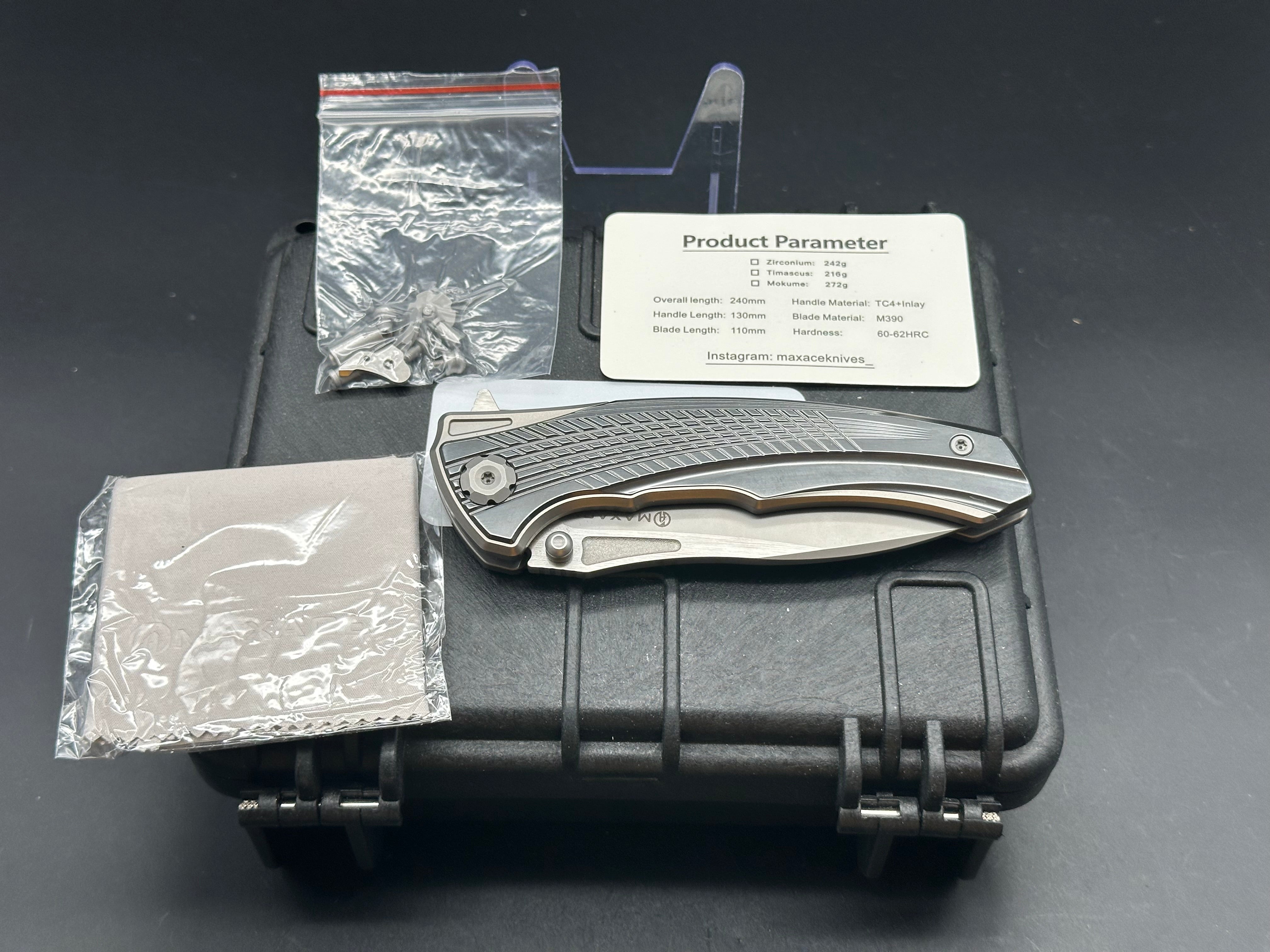 MAXACE CORVUS III FOLDING KNIFE TITANIUM/ZIRCONIUM INLAY HANDLE M390 PLAIN EDGE MC301