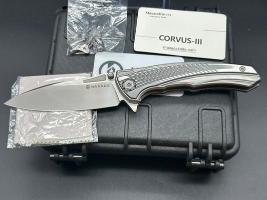 MAXACE CORVUS III FOLDING KNIFE TITANIUM/ZIRCONIUM INLAY HANDLE M390 PLAIN EDGE MC301