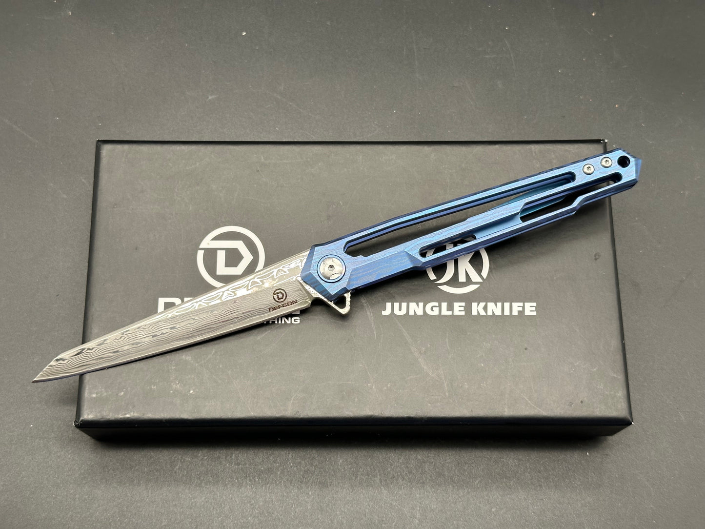 DEFCON PEREGRINE FRAMELOCK BLUE TITANIUM DAMASCUS FOLDING KNIFE