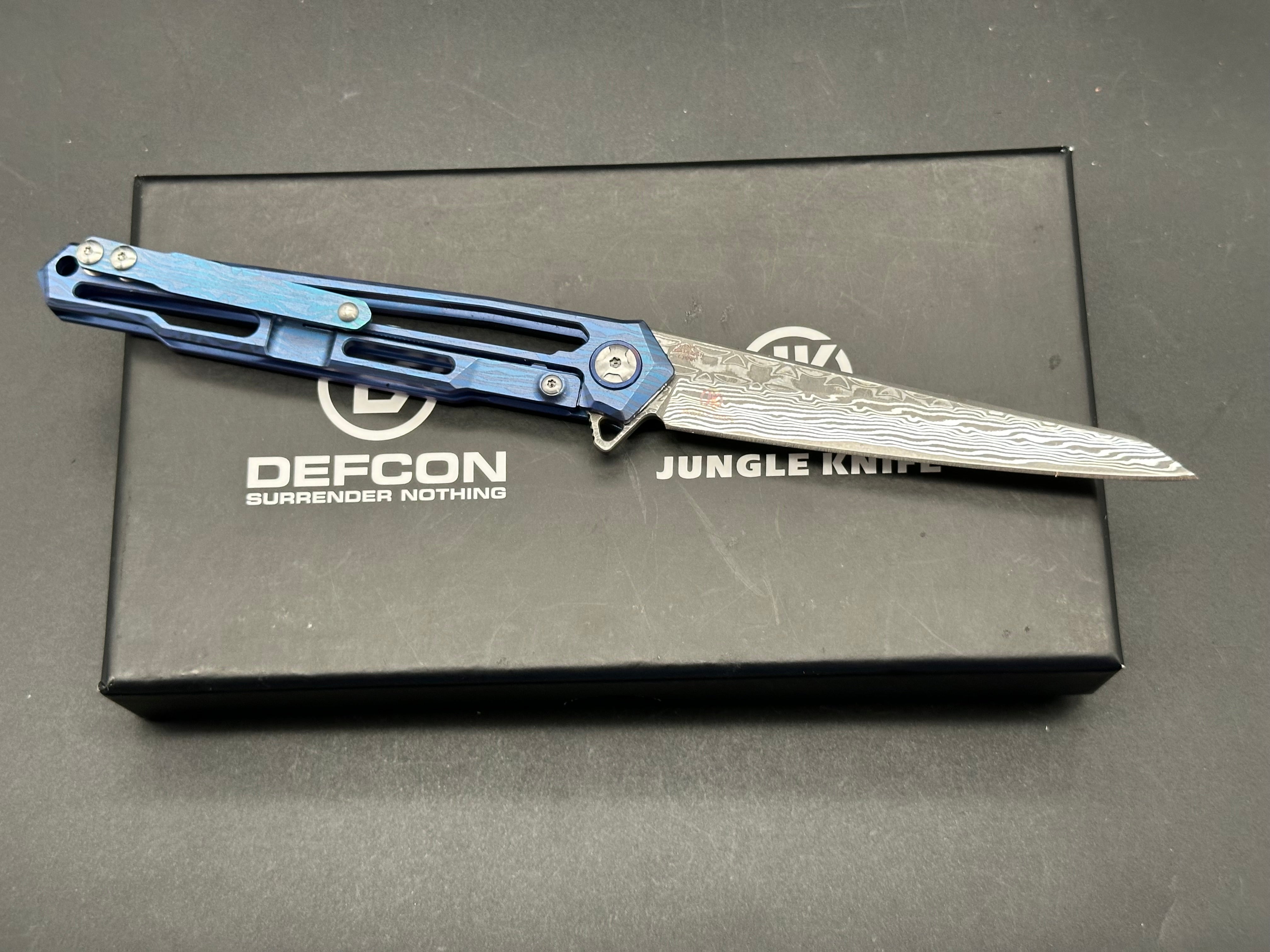 DEFCON PEREGRINE FRAMELOCK BLUE TITANIUM DAMASCUS FOLDING KNIFE