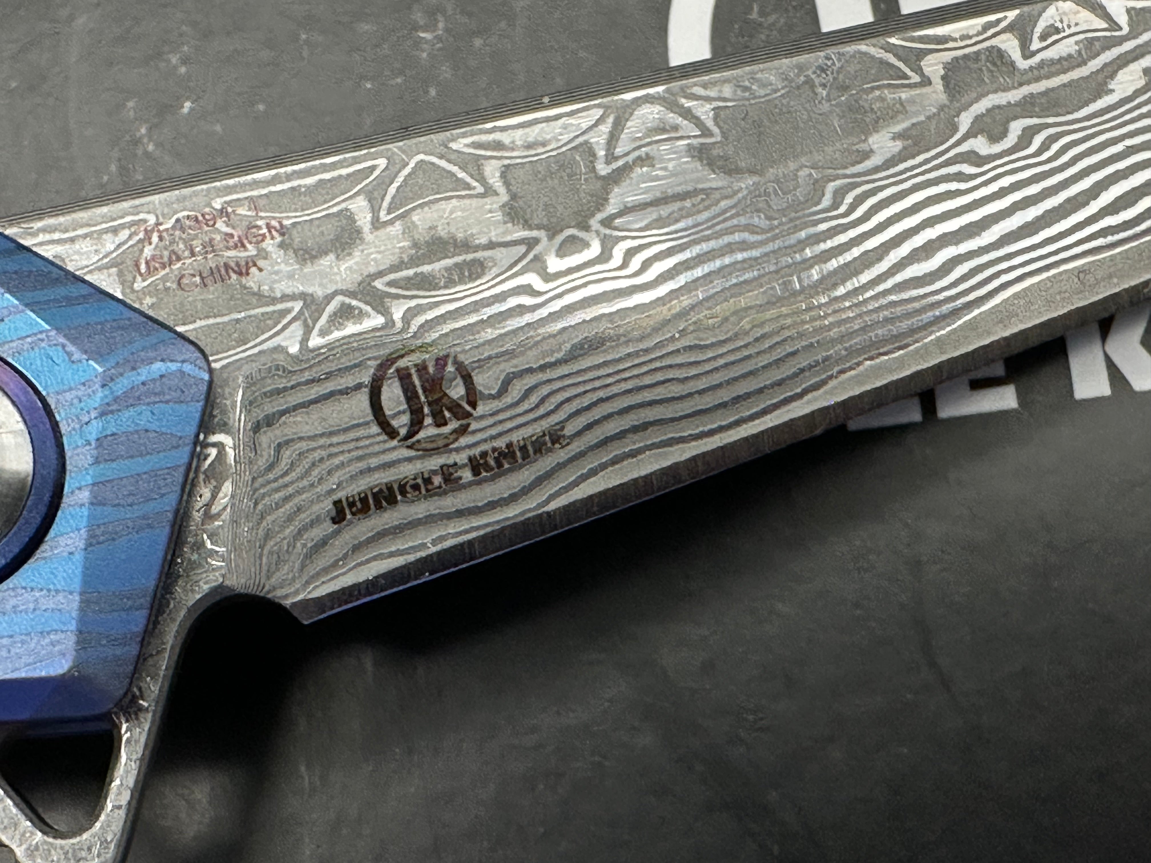 DEFCON PEREGRINE FRAMELOCK BLUE TITANIUM DAMASCUS FOLDING KNIFE