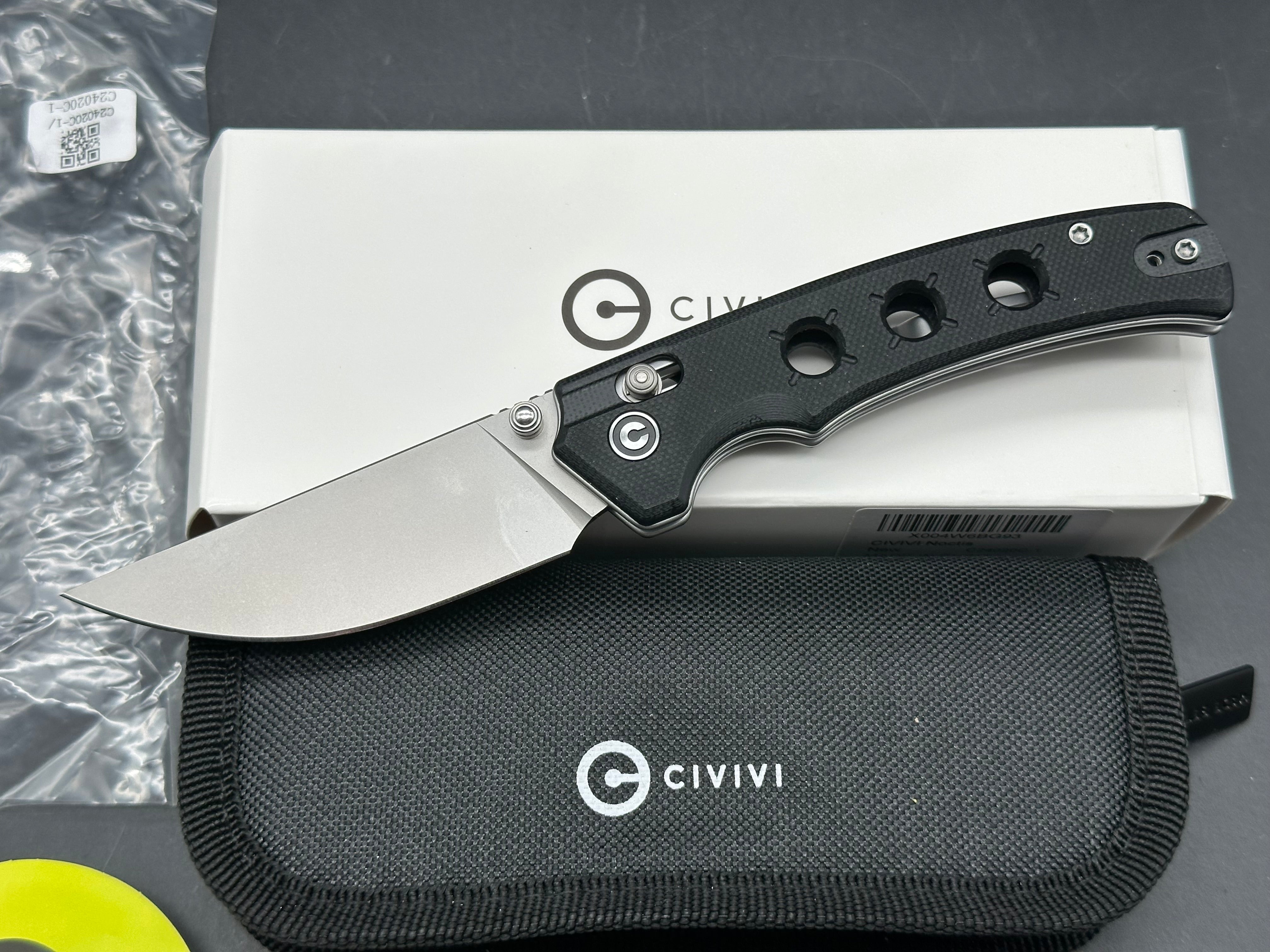 CIvivi Noctis, 2.98" Nitro-V Stonewash Straight Back Blade with Black G10 Scales