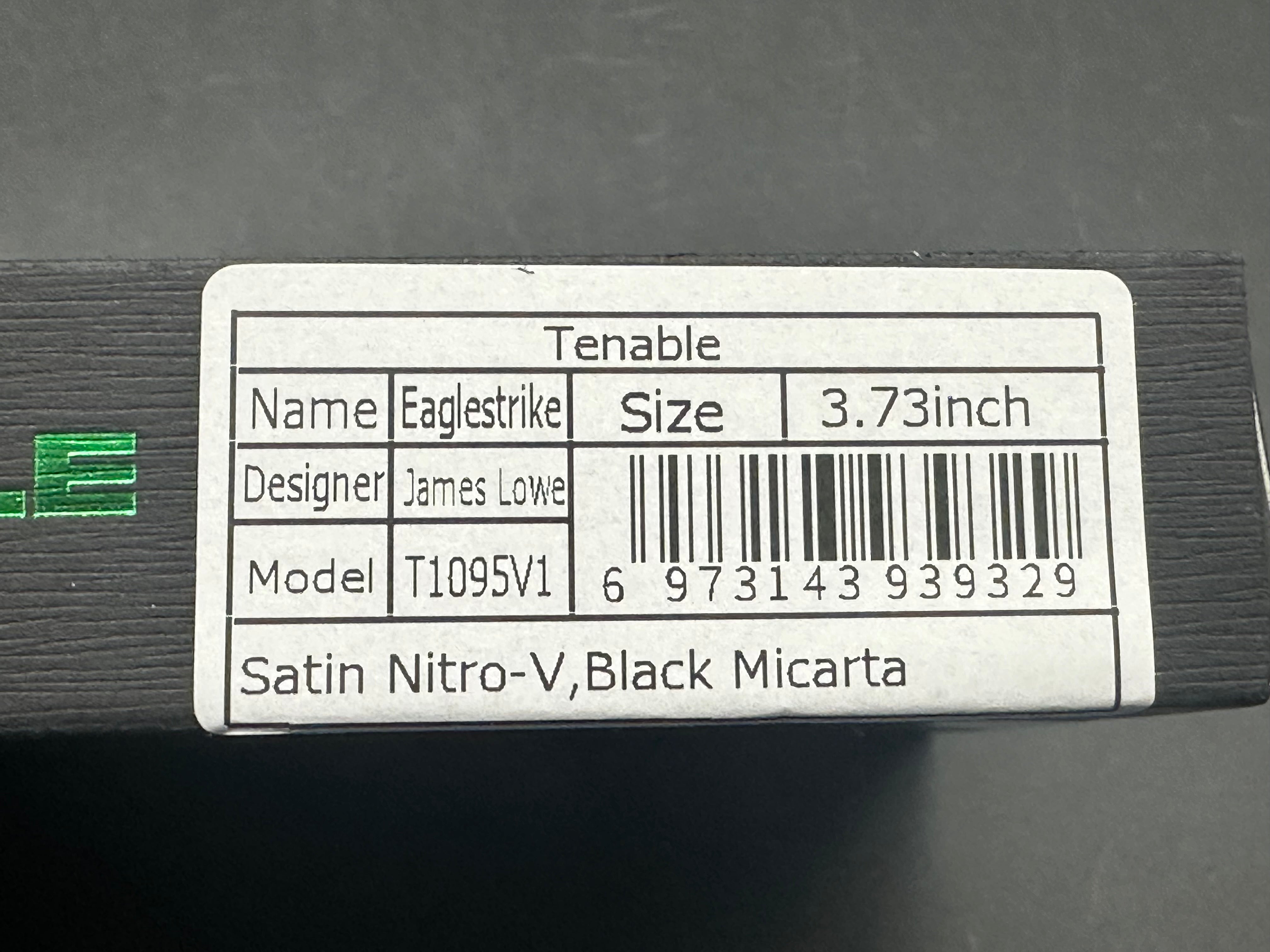 TENABLE EAGLESTRIKE BLACK MICARTA HANDLE NITRO-V PLAIN EDGE SATIN FINISH