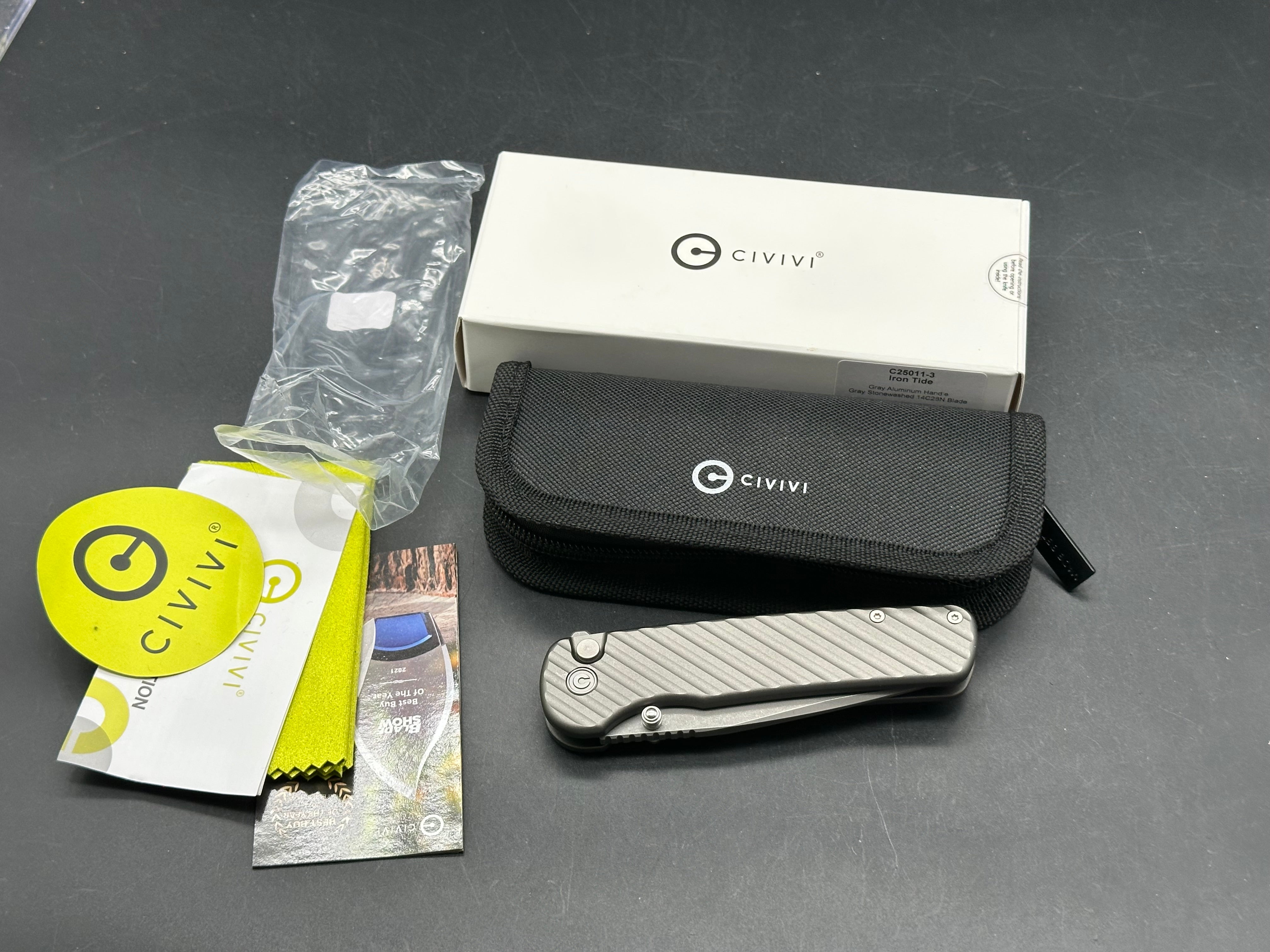 Civivi Iron Tide, 3.24" 14C28N Gray Stonewash Clip Point Blade with Gray Milled Aluminum Scales