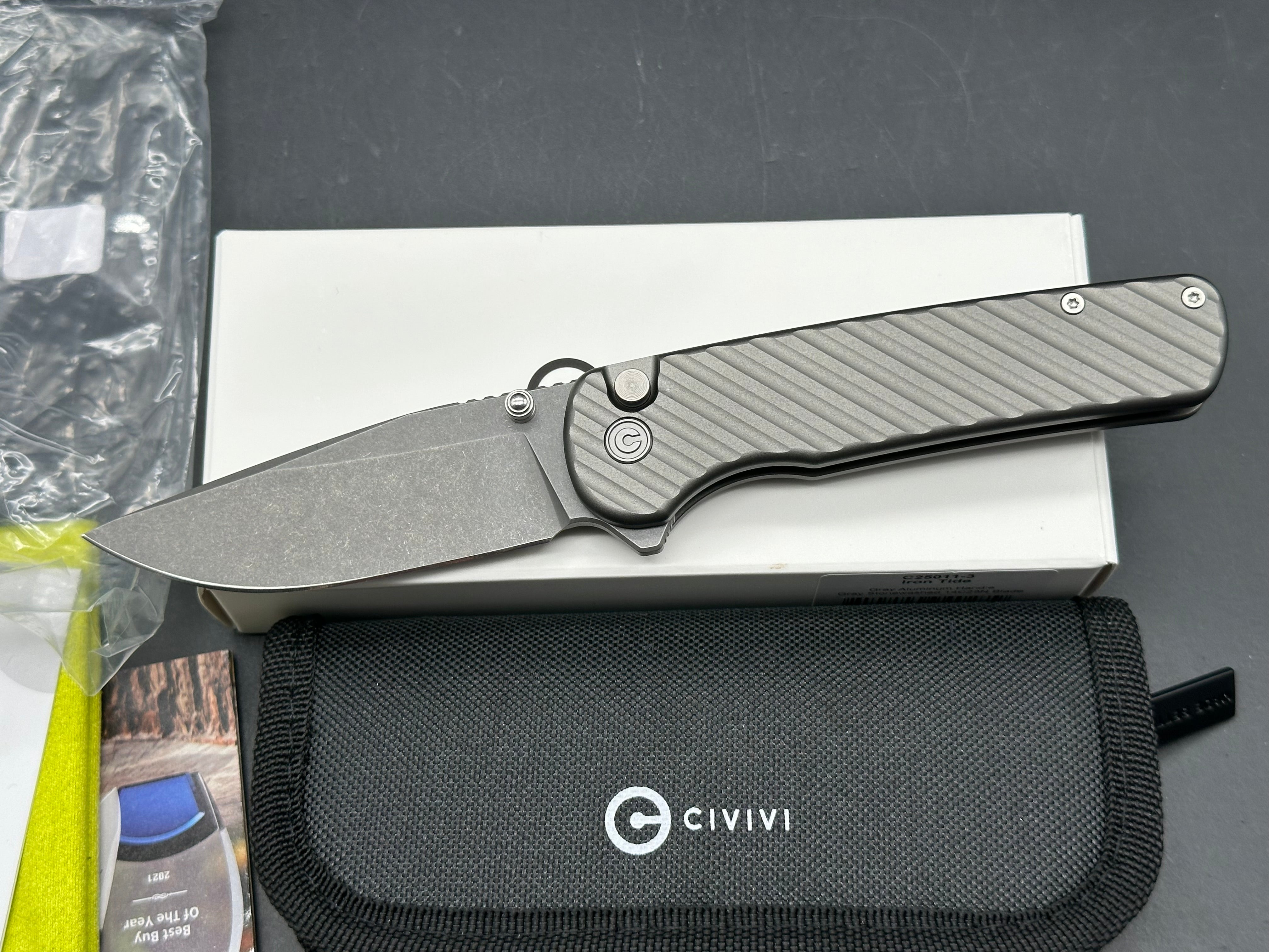 Civivi Iron Tide, 3.24" 14C28N Gray Stonewash Clip Point Blade with Gray Milled Aluminum Scales