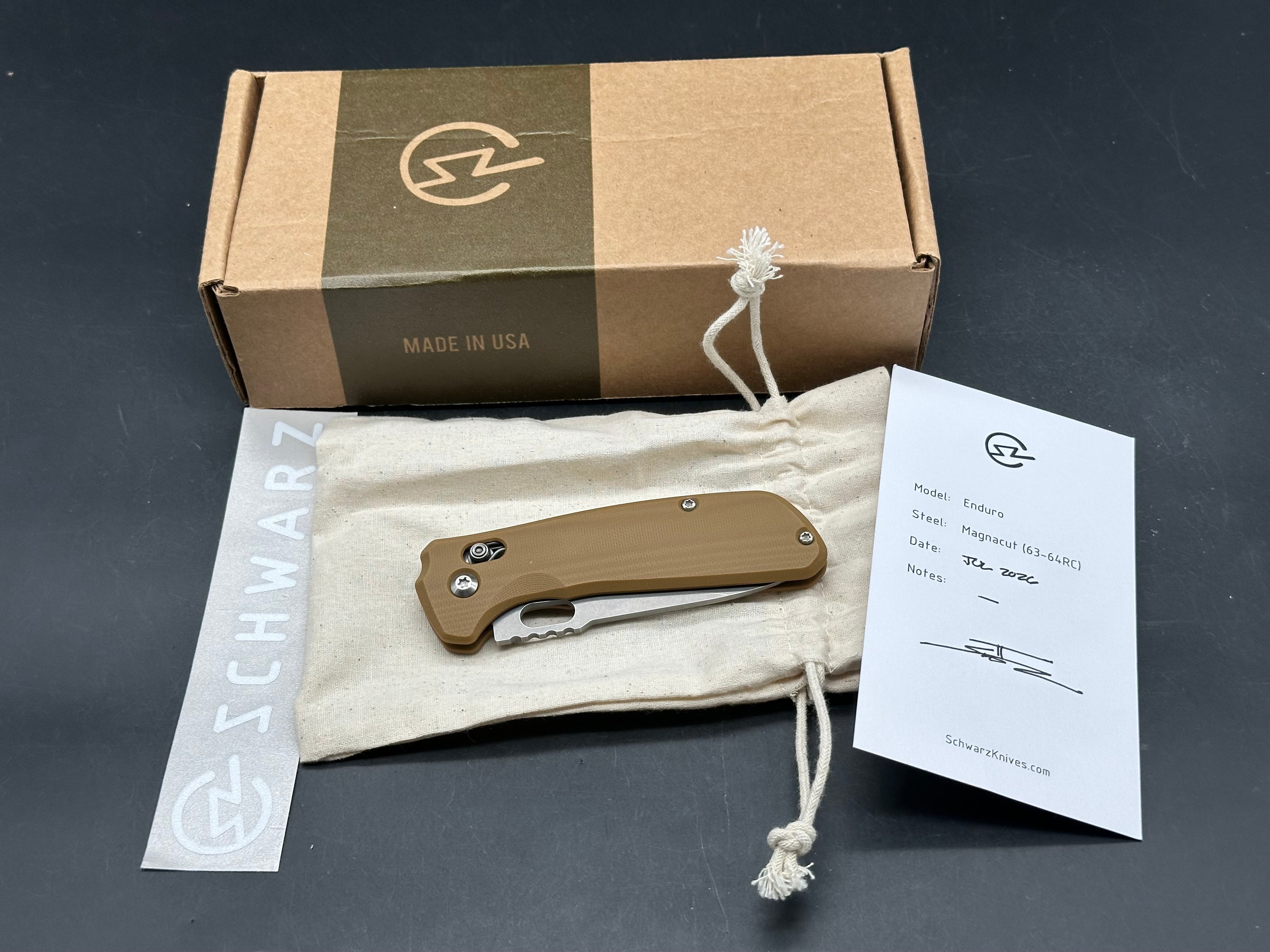 Schwarz Enduro, 3.3" MagnaCut Stonewash Drop Point Blade with Coyote G10 Scales
