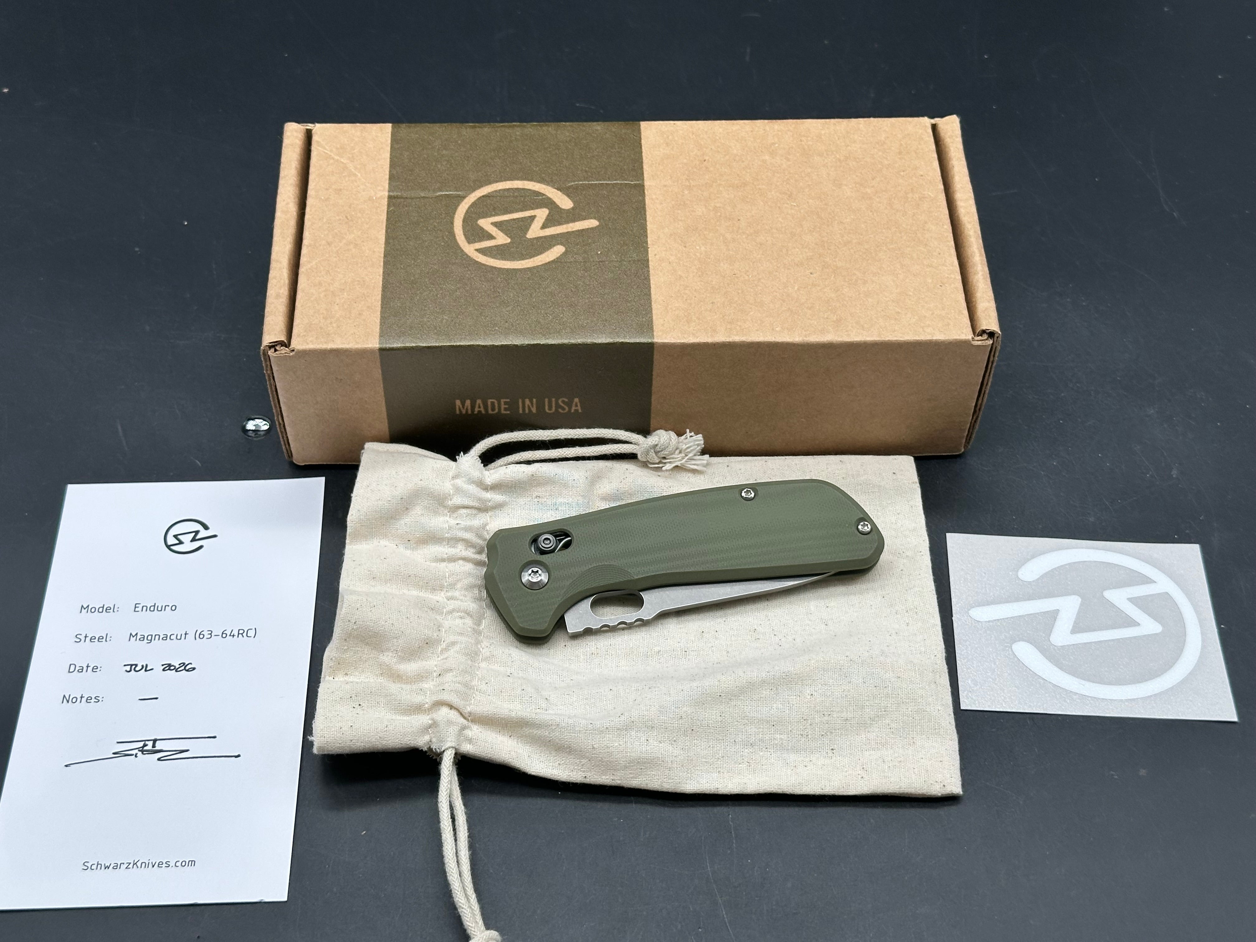 Schwarz Enduro, 3.3" MagnaCut Stonewash Drop Point Blade with OD Green G10 Scales