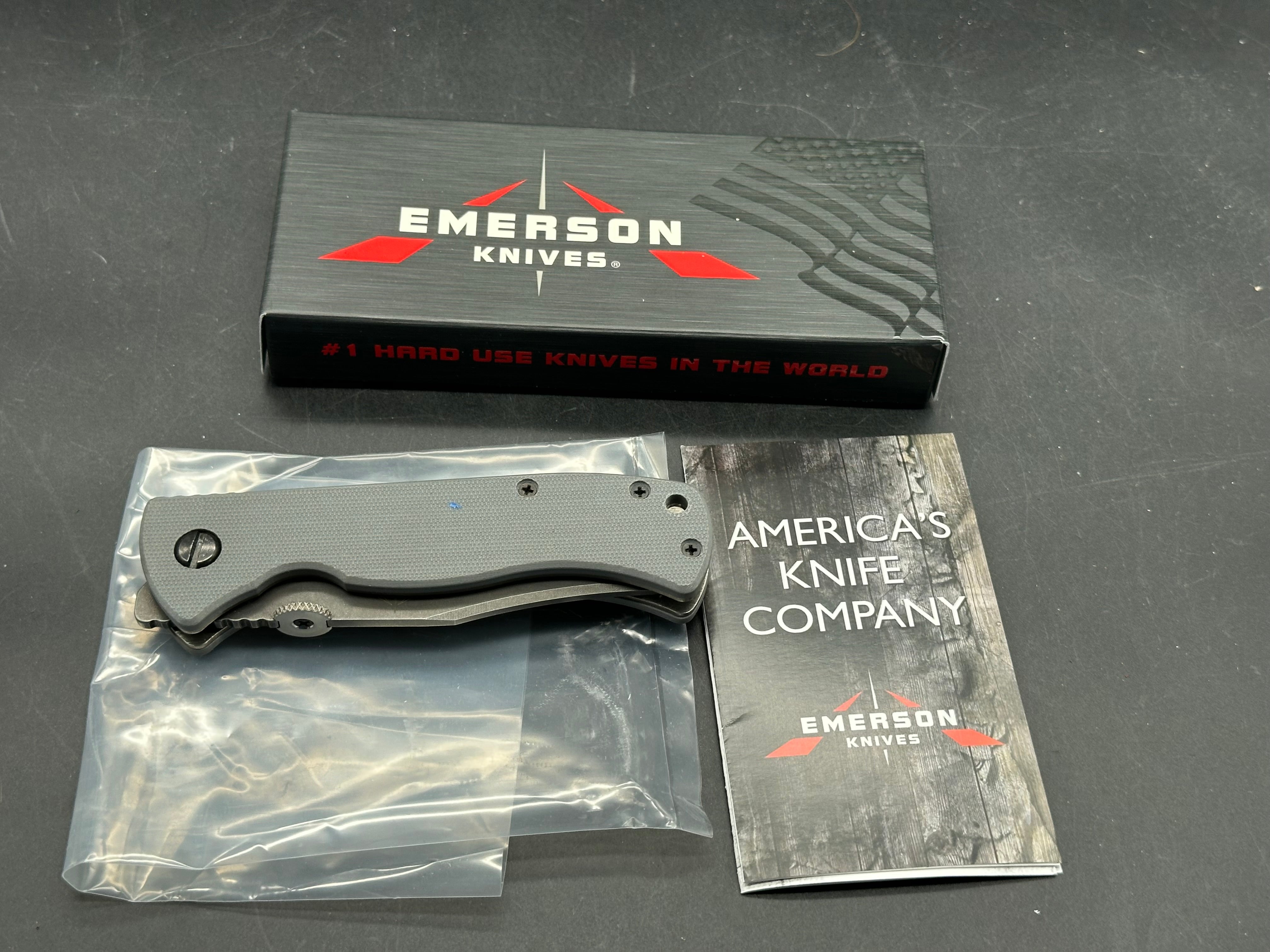 Emerson EX-100 Bowie w/Thunderstorm finish Gray G10 scales 154CM