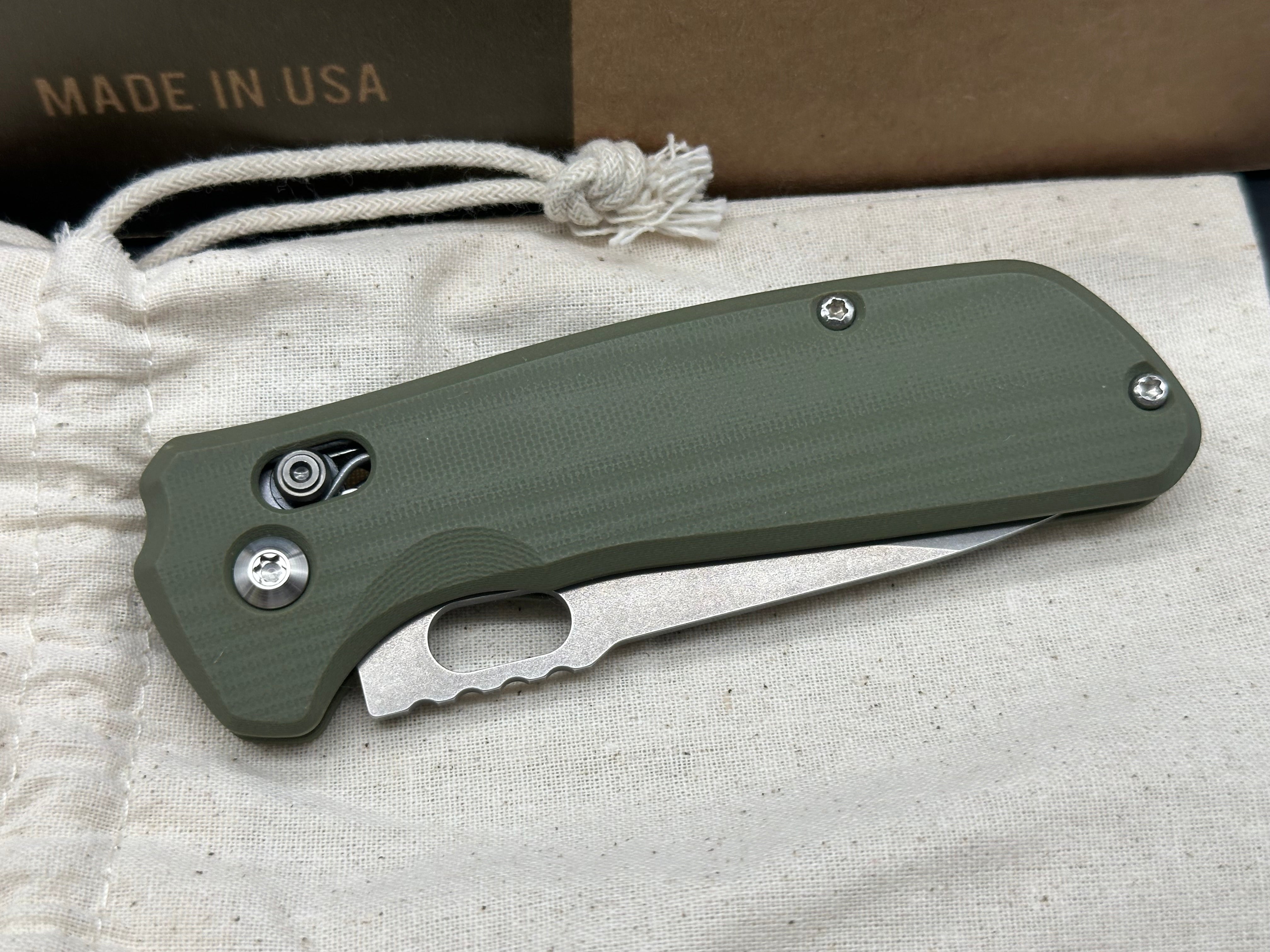 Schwarz Enduro, 3.3" MagnaCut Stonewash Drop Point Blade with OD Green G10 Scales