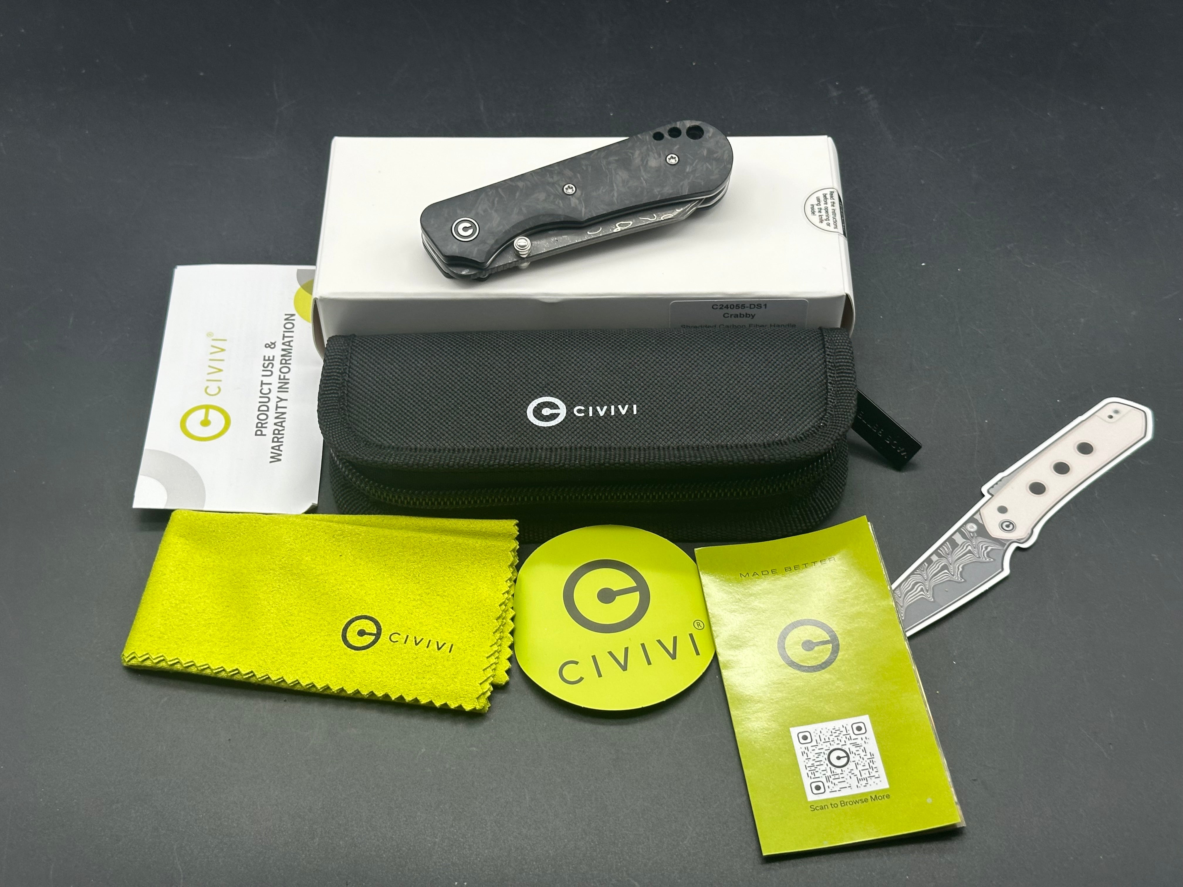 CIVIVI CRABBY SHREDDED CARBON FIBER HANDLE DAMASCUS PLAIN EDGE