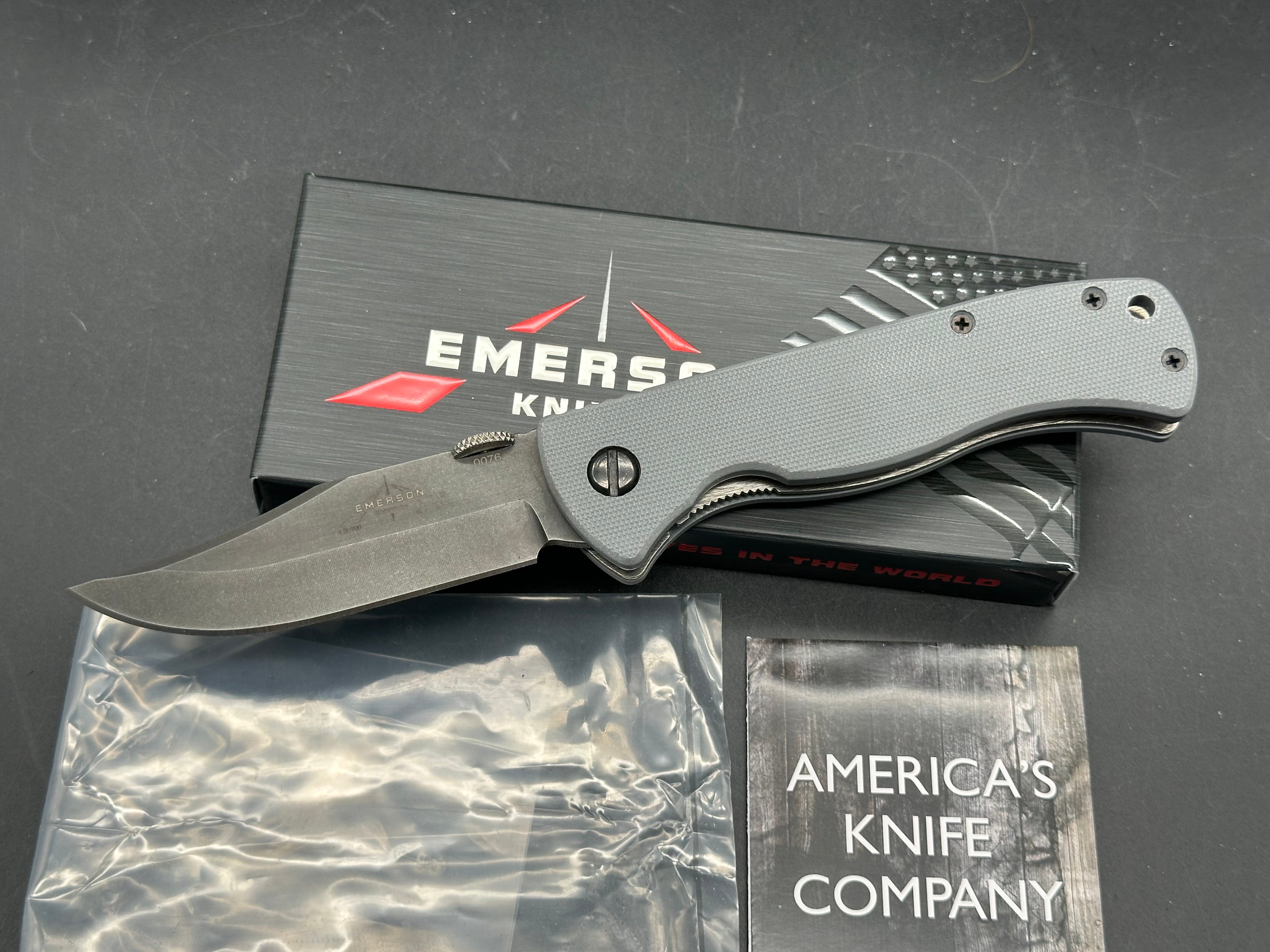 Emerson EX-100 Bowie w/Thunderstorm finish Gray G10 scales 154CM