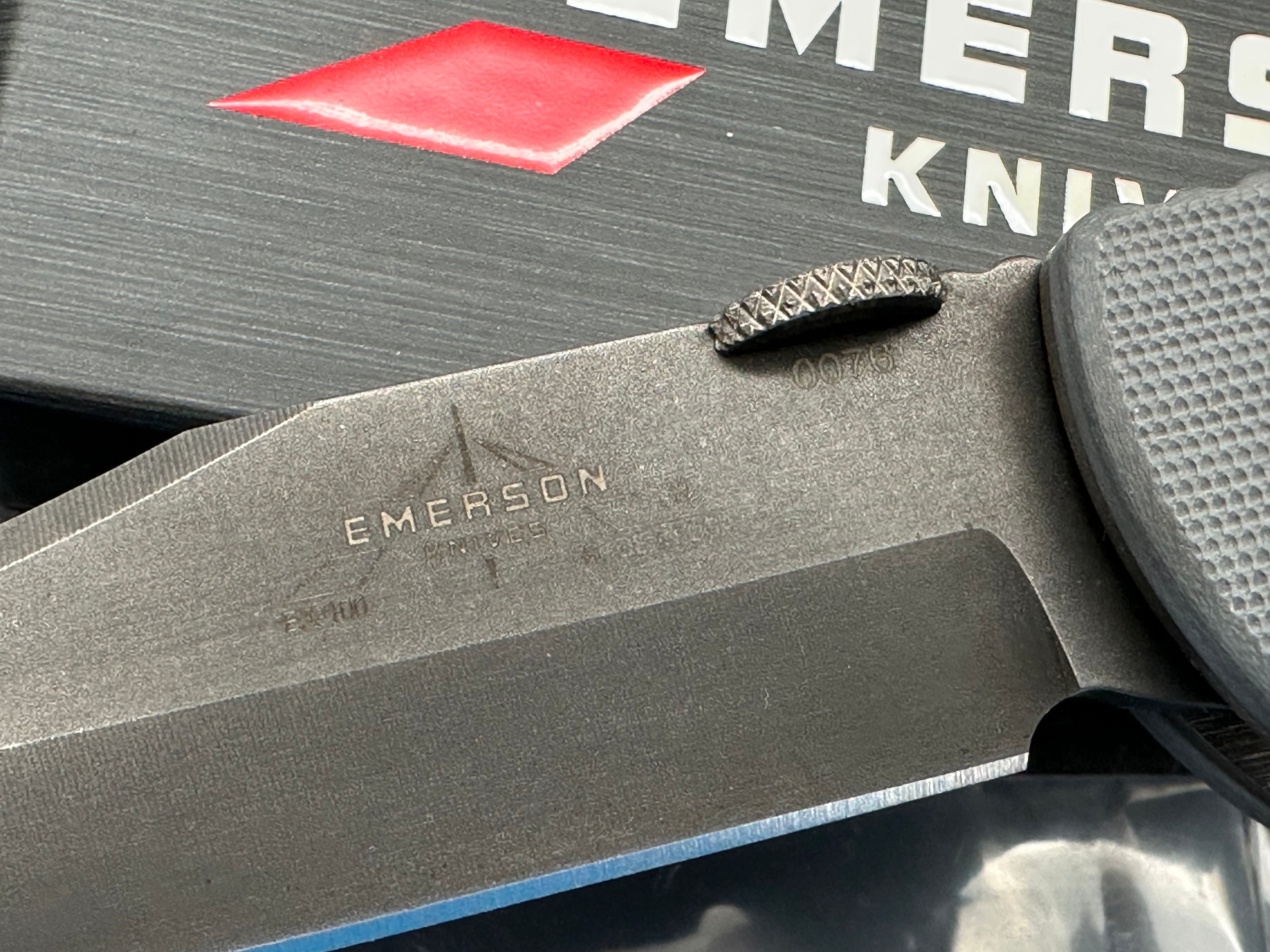 Emerson EX-100 Bowie w/Thunderstorm finish Gray G10 scales 154CM